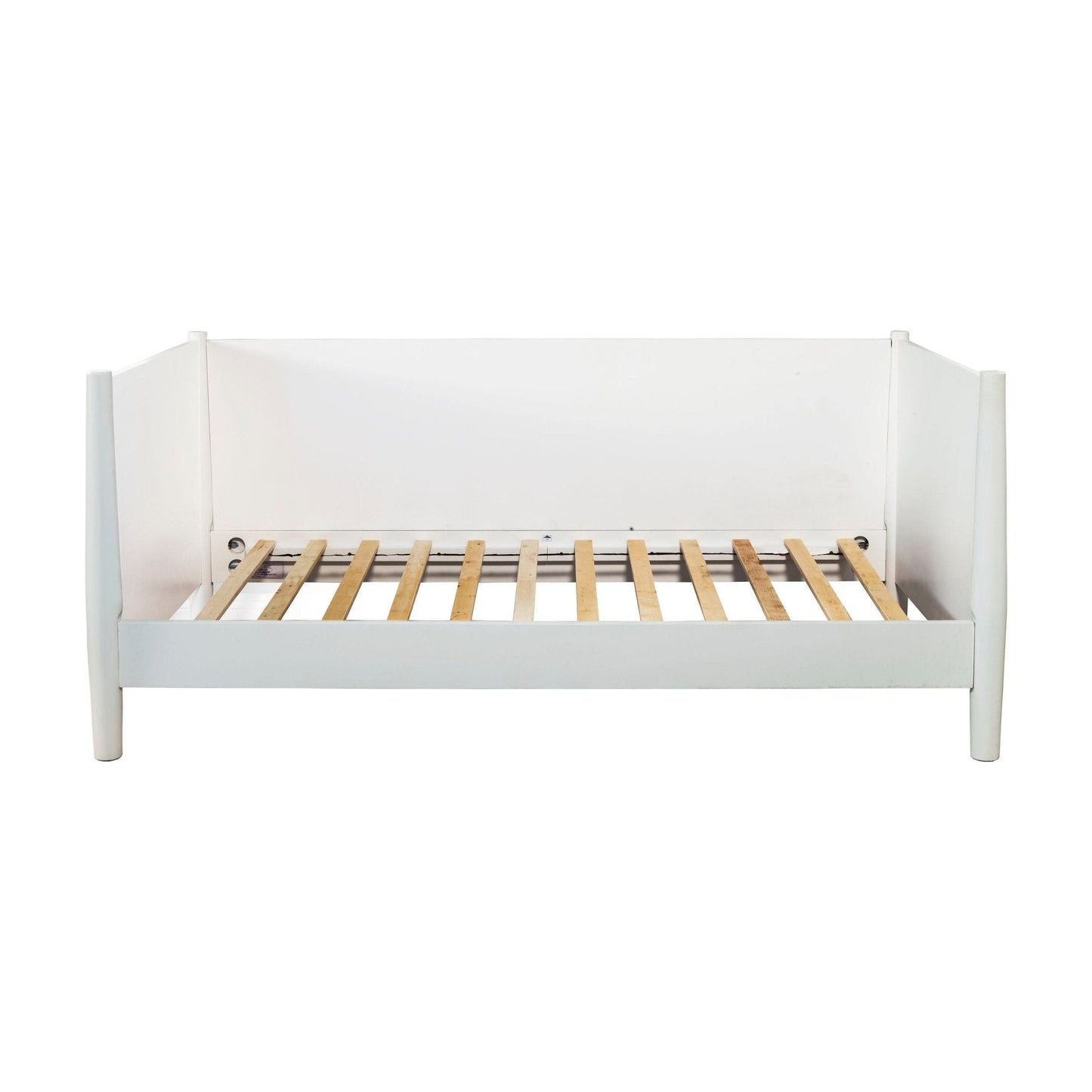 Flynn Day Bed in white featuring a sturdy wooden slatted base and classic Mid-Century Modern design.
