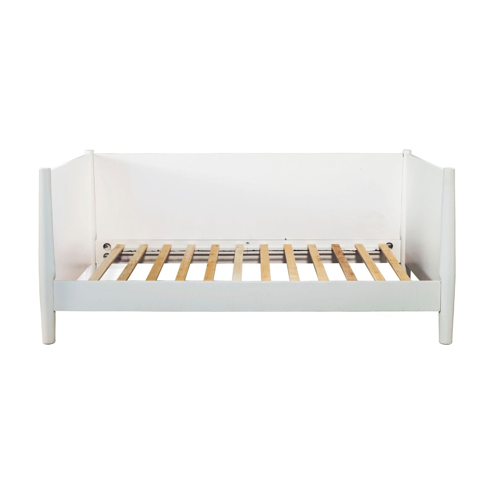 Flynn Day Bed in white featuring a sturdy wooden slatted base and classic Mid-Century Modern design.