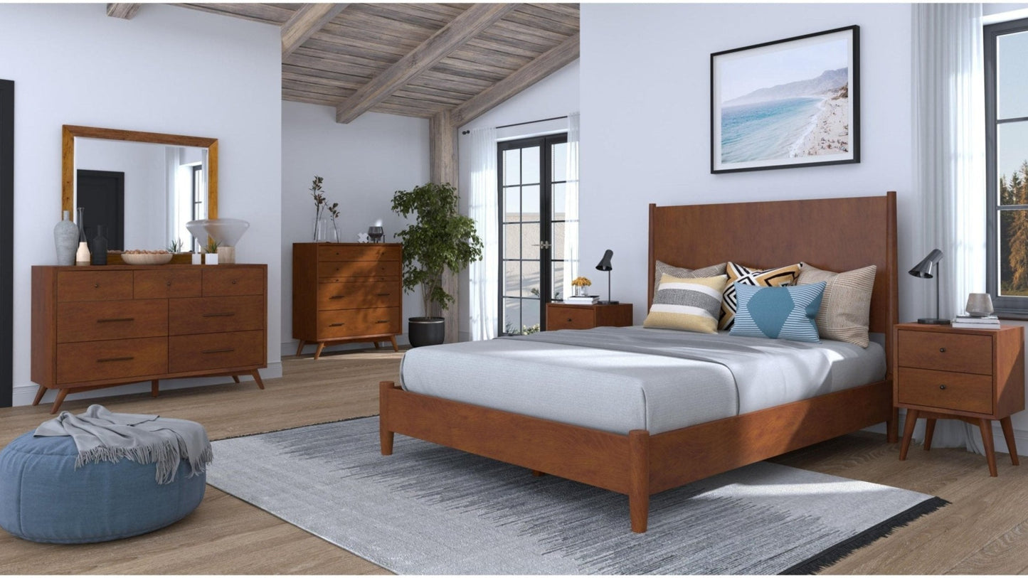 Flynn Dresser in a stylish bedroom setting featuring Mid-Century Modern design and rich chestnut finish.