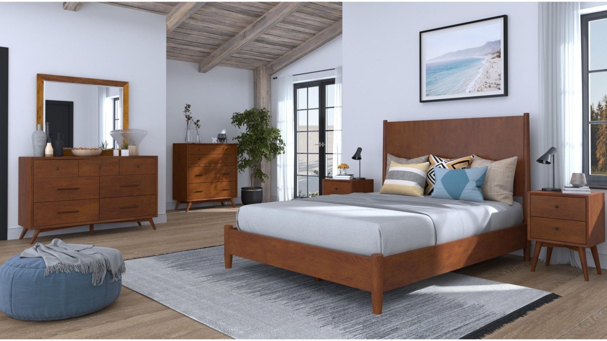 Flynn Dresser in a stylish bedroom setting featuring Mid-Century Modern design and rich chestnut finish.