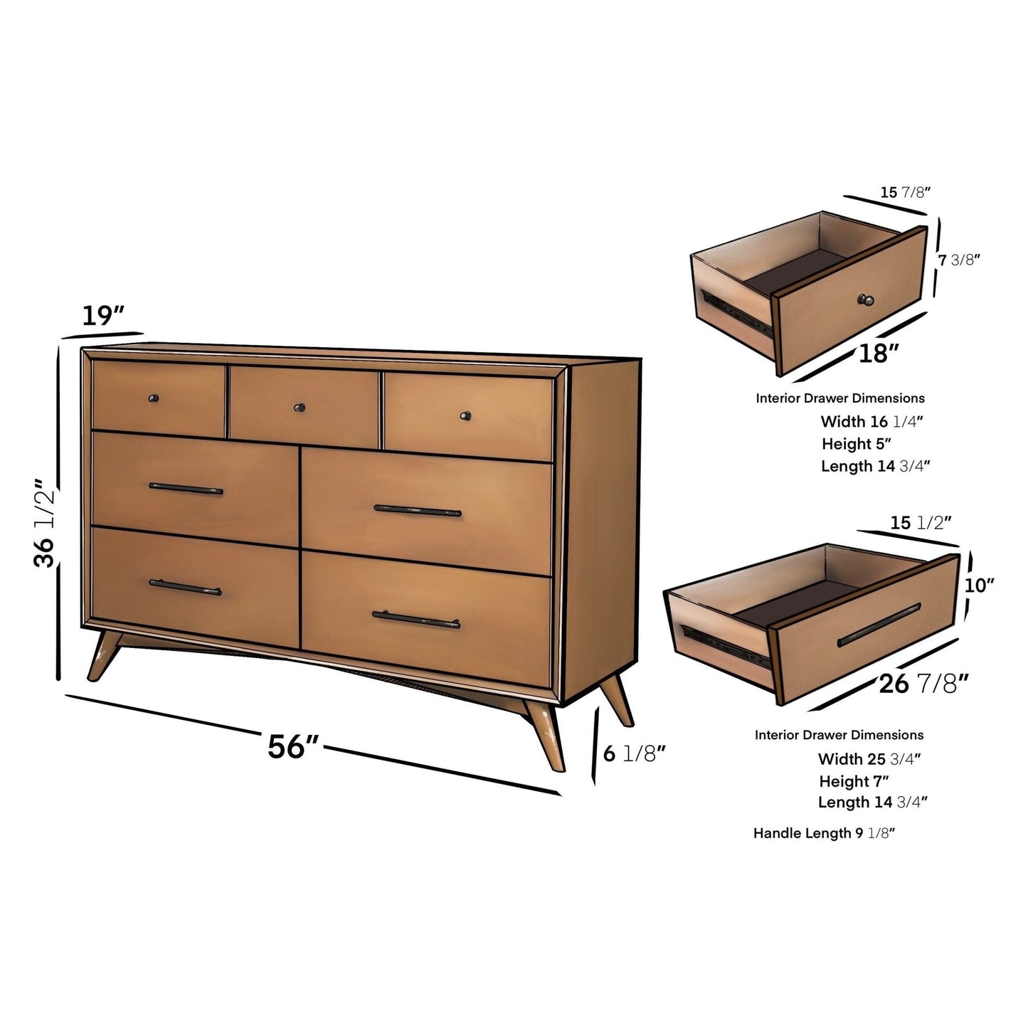 Flynn Dresser in Chestnut with dimensions and drawer specifications, showcasing Mid-Century Modern design.