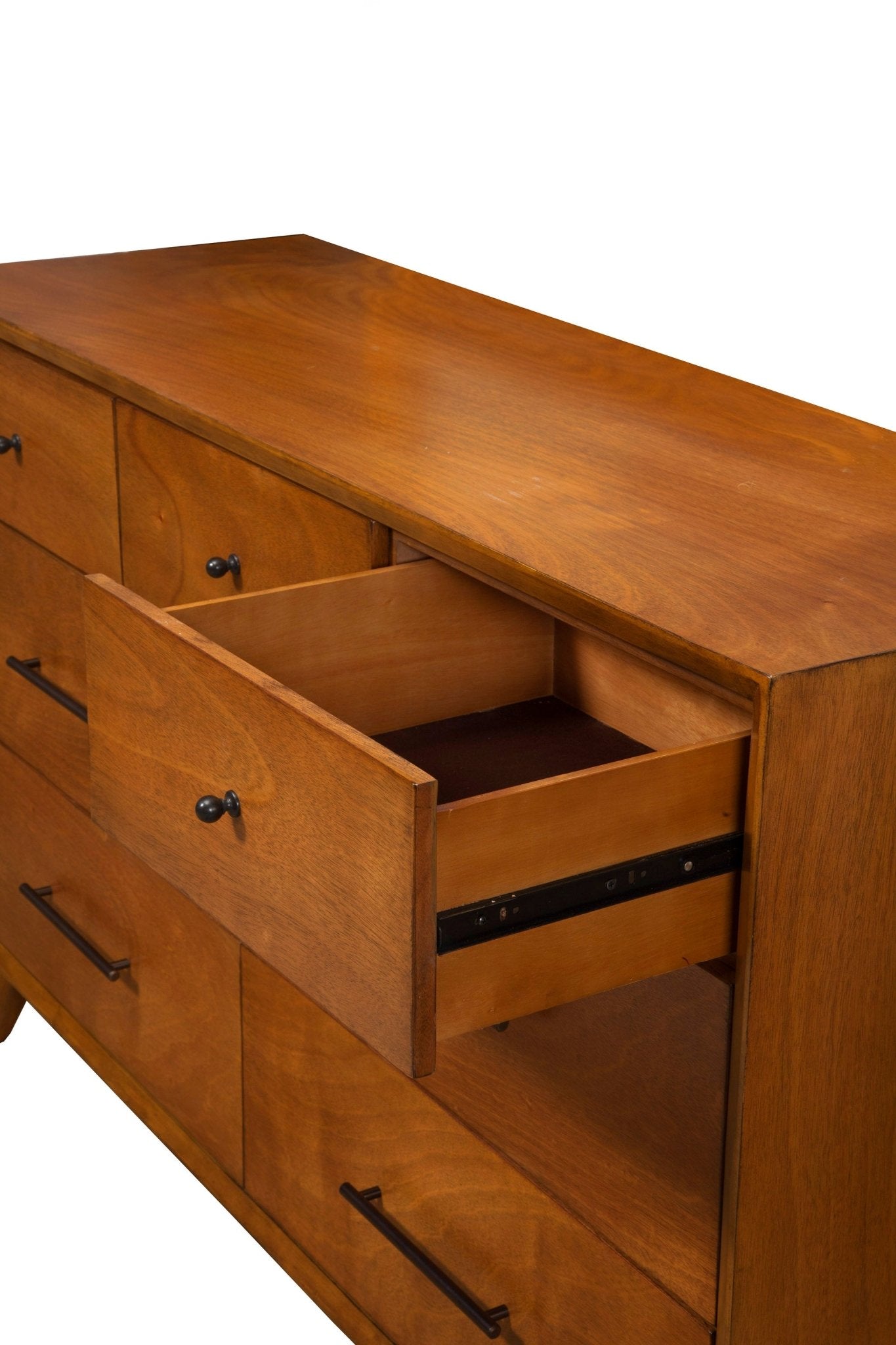 Flynn Dresser in chestnut finish showing open drawer and Mid-Century Modern design features.