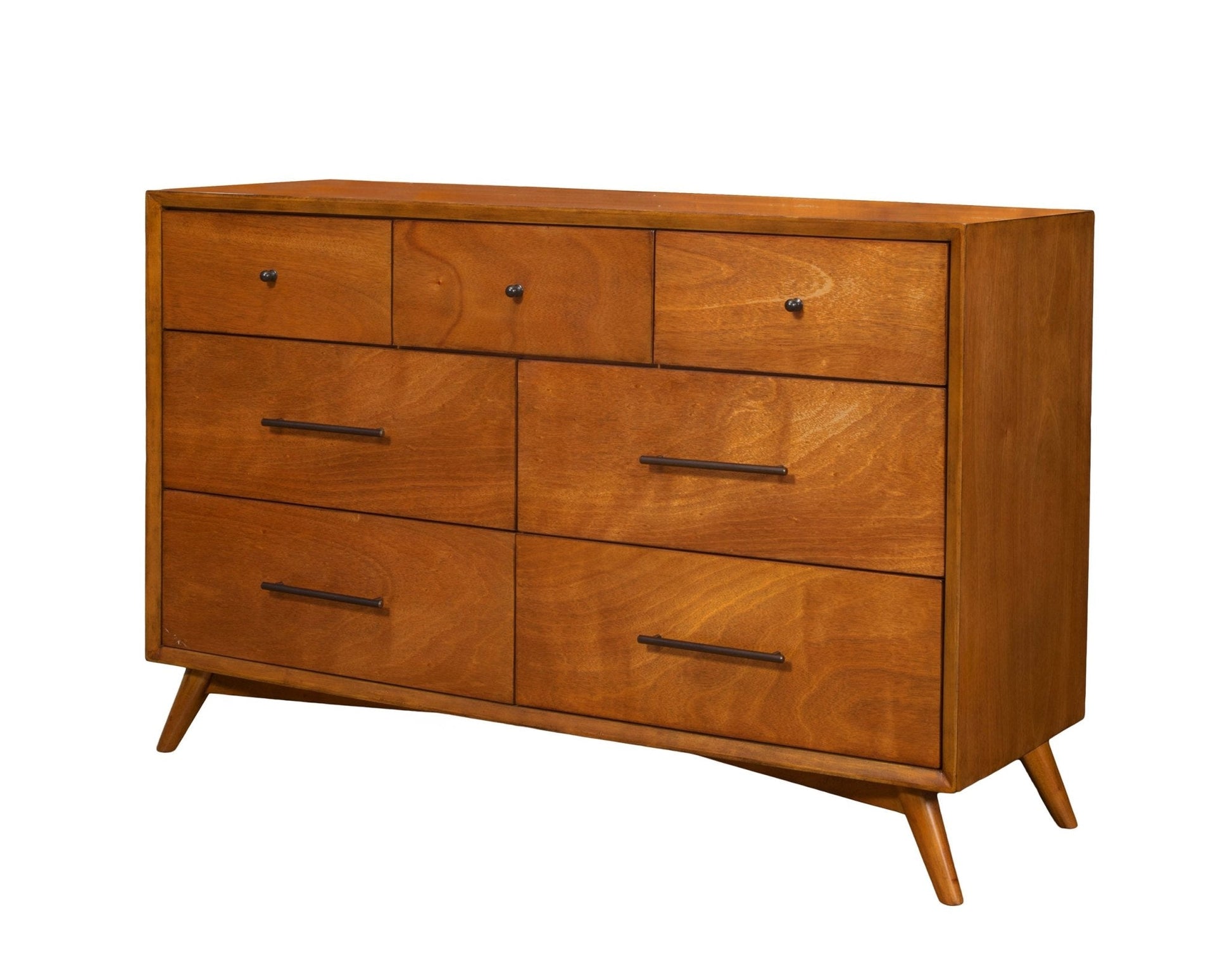 Flynn Dresser in chestnut showcasing Mid-Century Modern design with six spacious drawers.