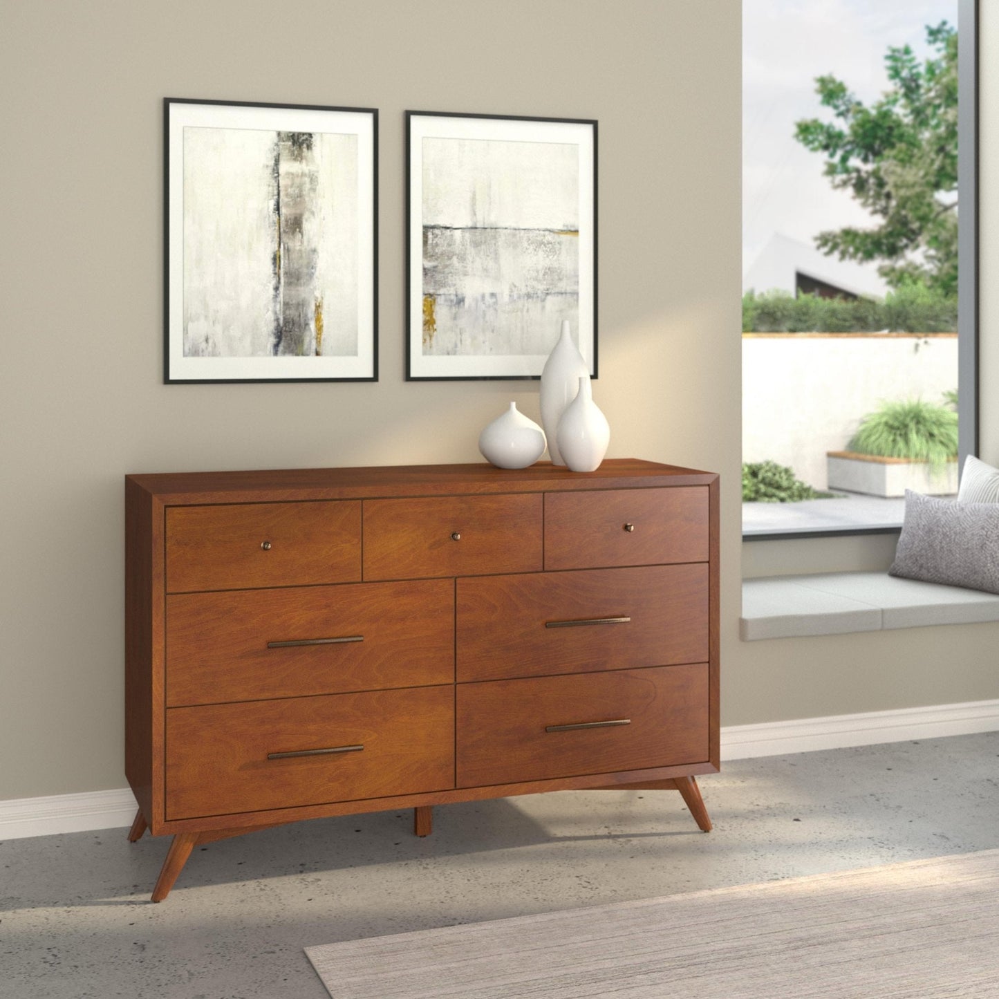 Flynn Dresser in Chestnut finish showcased in a modern living space with artworks and natural light.