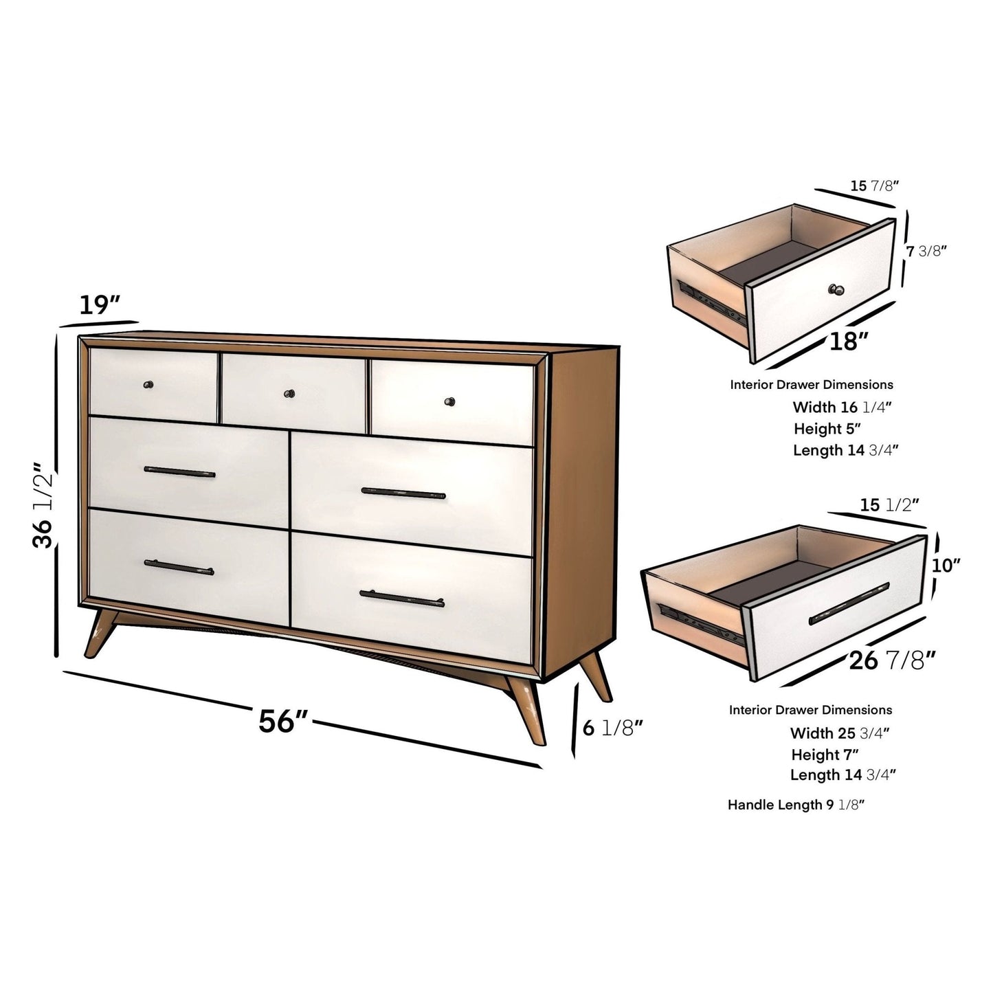 Flynn Dresser in Chestnut and White, showcasing its dimensions and drawer sizes.