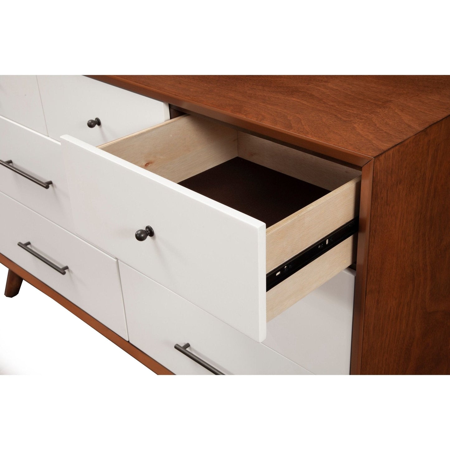 Flynn Dresser showing open drawer, featuring chestnut and white design, ideal for stylish storage solutions.