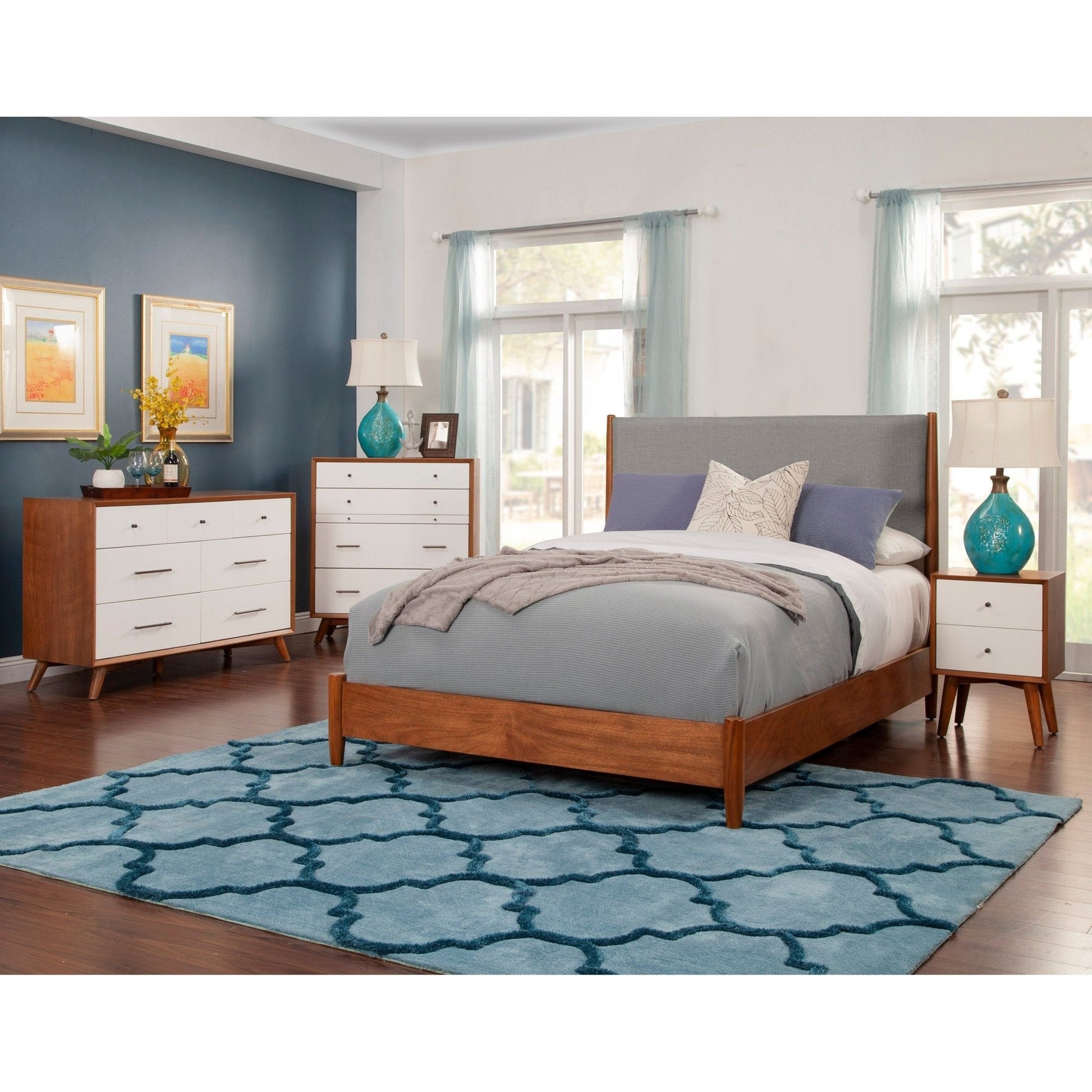 Flynn Dresser in Chestnut and White styled with modern decor in a cozy bedroom setting.