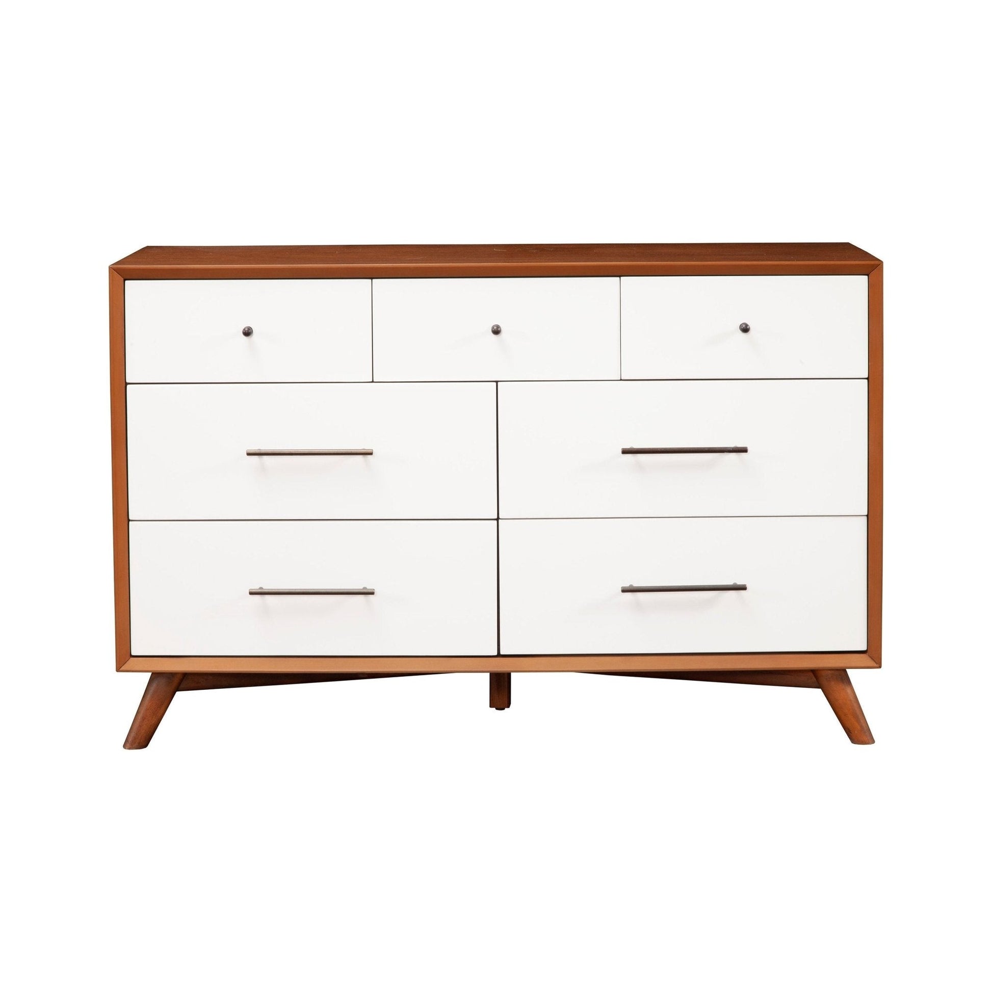 Flynn Dresser in chestnut and white with six spacious drawers and Mid-Century Modern design.