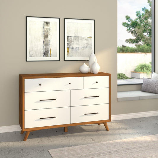 Flynn Dresser in Chestnut and White with sleek lines and six drawers for storage.