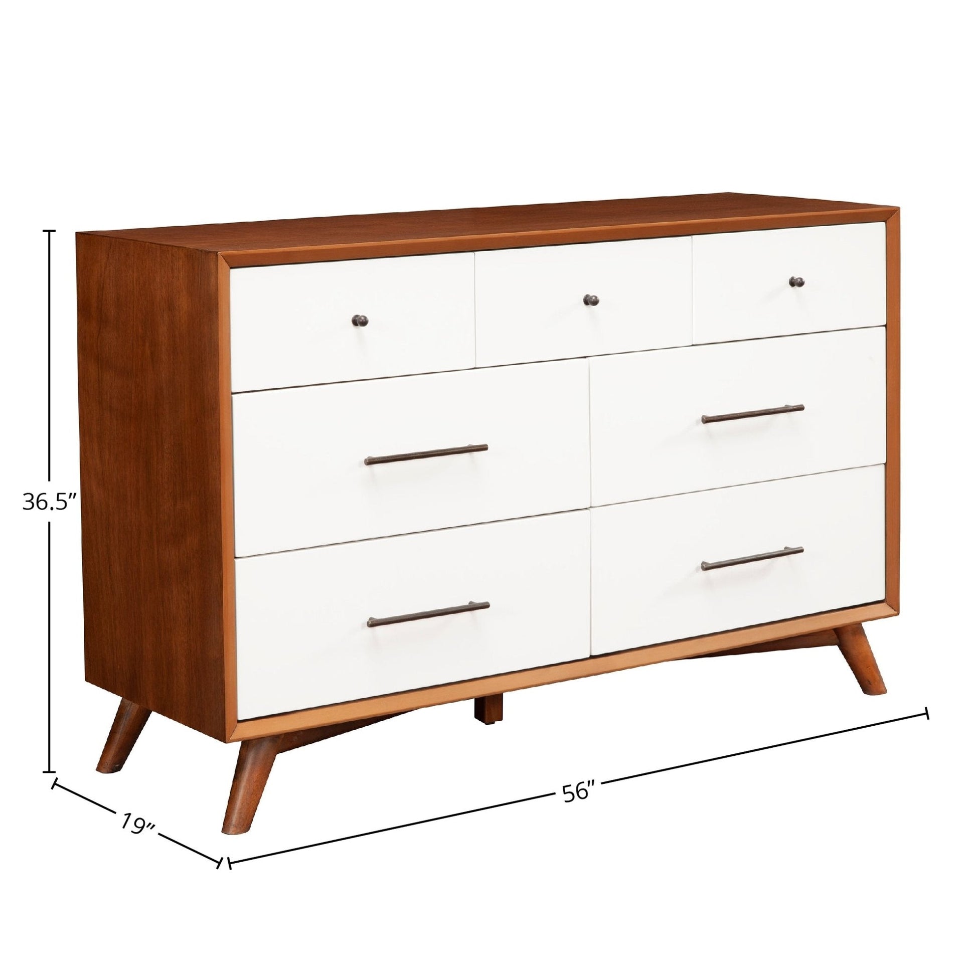 Flynn Dresser in Chestnut/White showcasing Mid-Century Modern design with six spacious drawers.