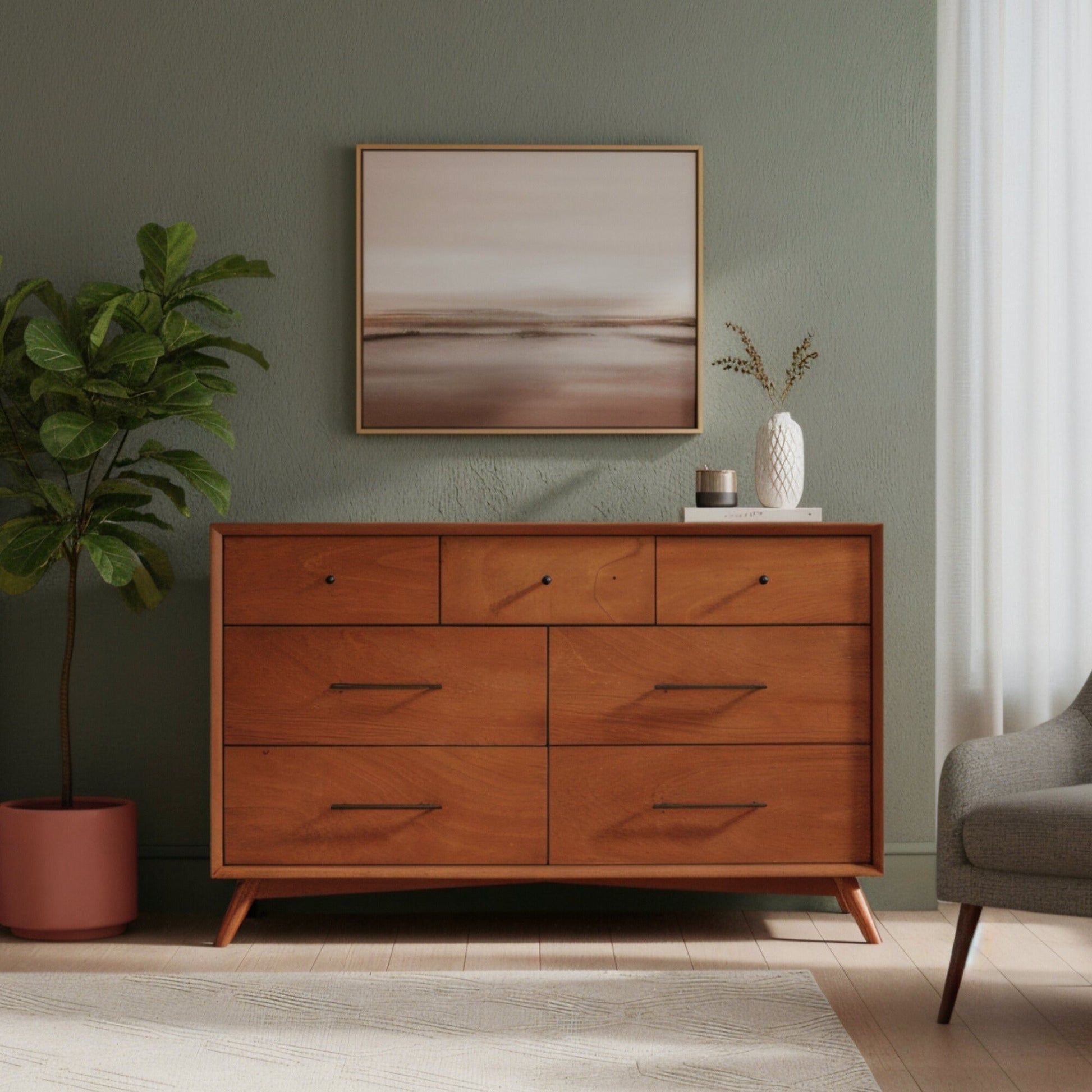 Flynn Dresser in Chestnut finish, showcasing Mid-Century Modern design with spacious storage drawers.