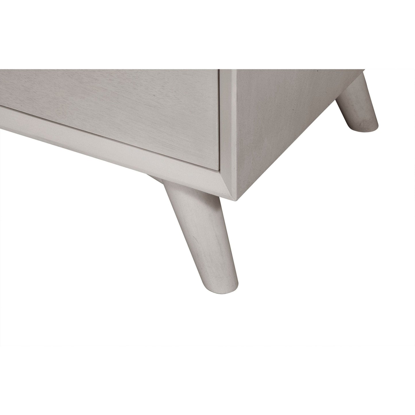 Close-up of the Flynn Dresser's sleek legs and sturdy frame in gray, featuring Mid-Century Modern style.