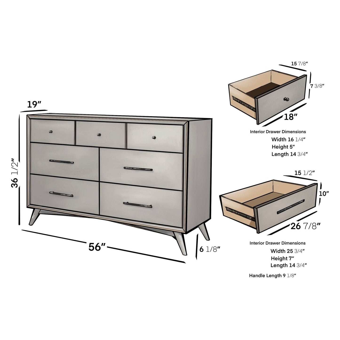 Flynn Dresser dimensions and drawer specifications, showcasing its Mid-Century Modern design.