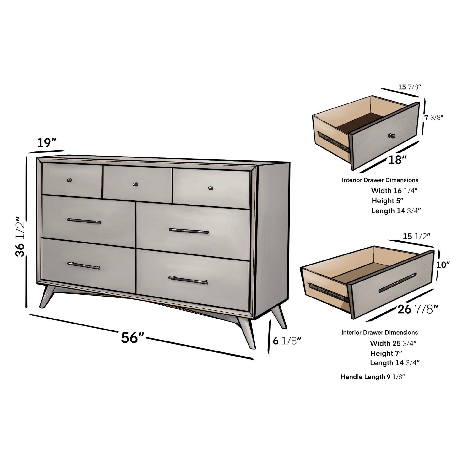 Flynn Dresser dimensions and drawer specifications, showcasing its Mid-Century Modern design.