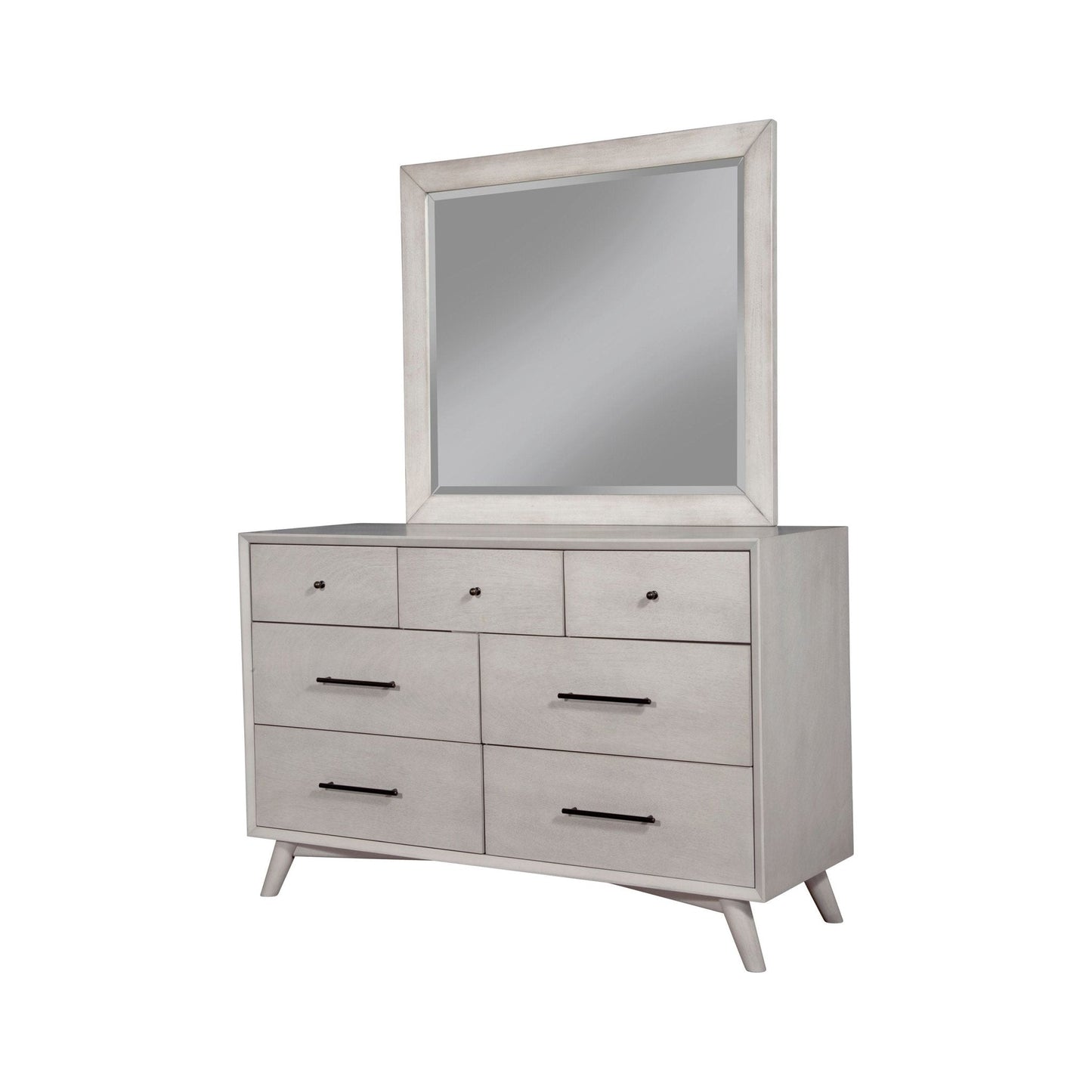 Flynn Dresser in gray with mirror, featuring seven drawers and Mid-Century Modern design.