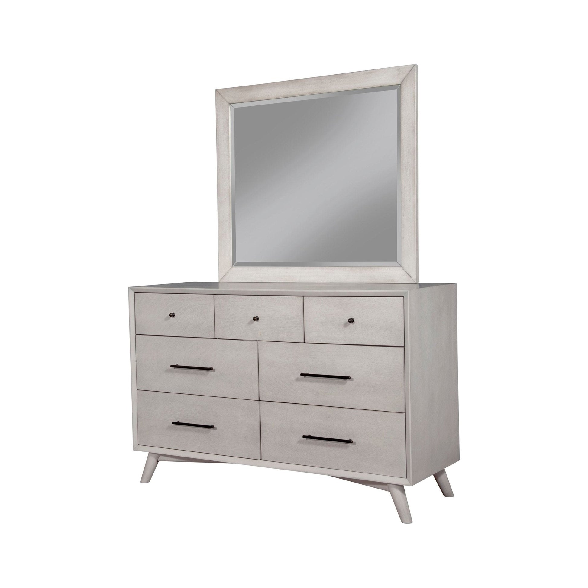 Flynn Dresser in gray with mirror, featuring seven drawers and Mid-Century Modern design.