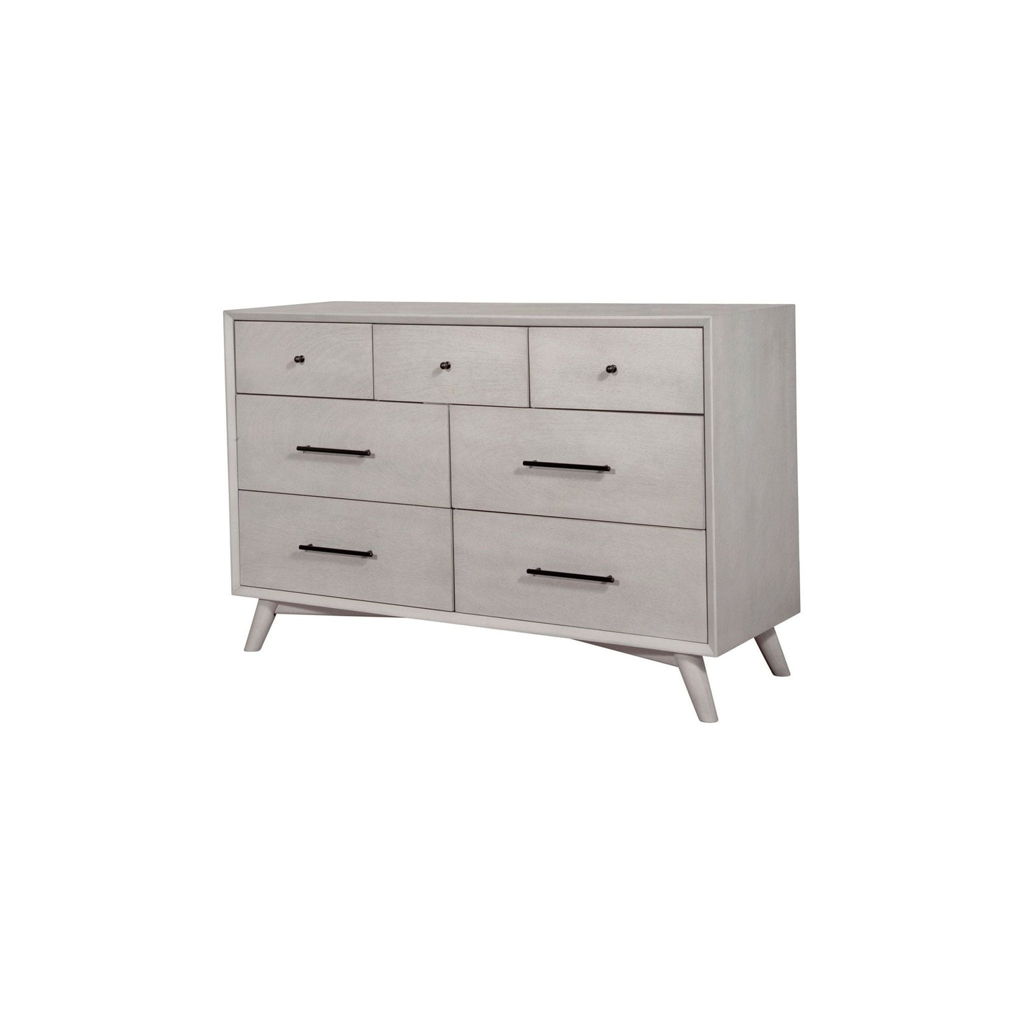 Flynn Dresser in gray color with seven drawers and sleek mid-century modern design.