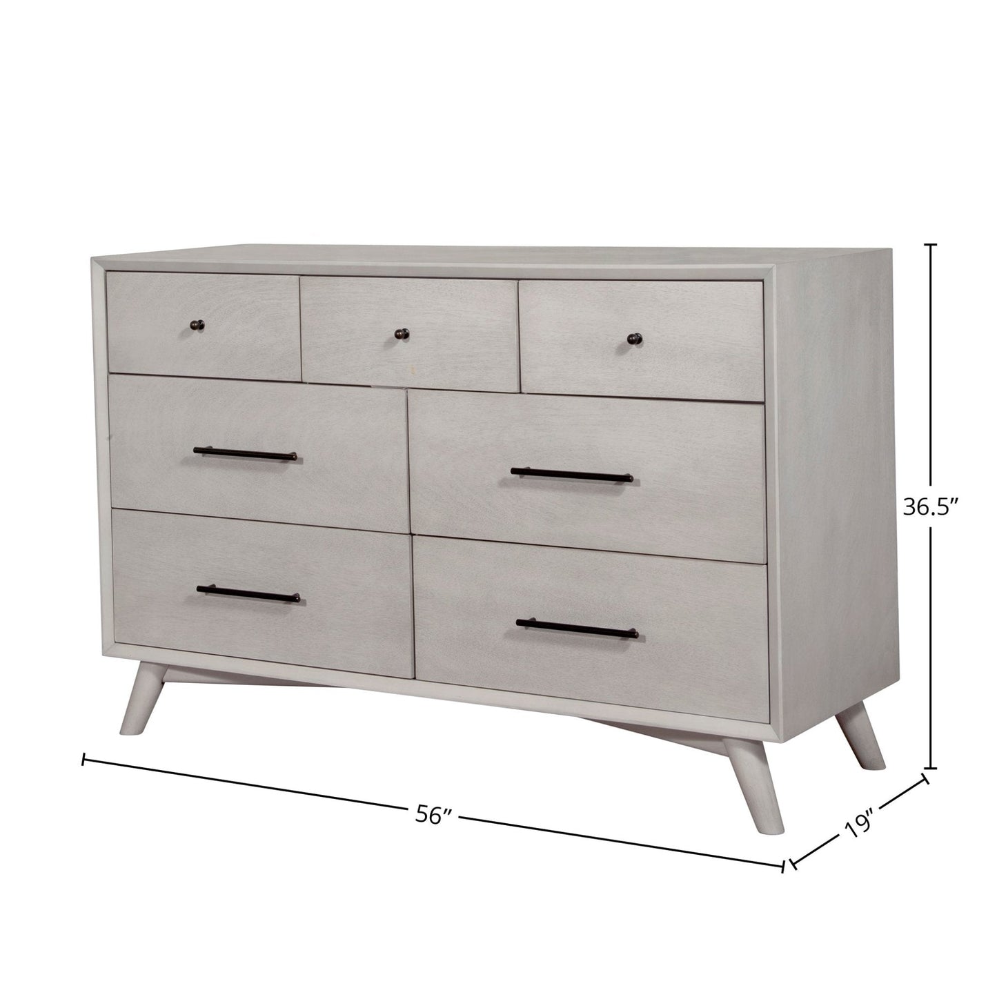 Flynn Dresser in Gray with seven drawers and tapered legs, showcasing Mid-Century Modern design.