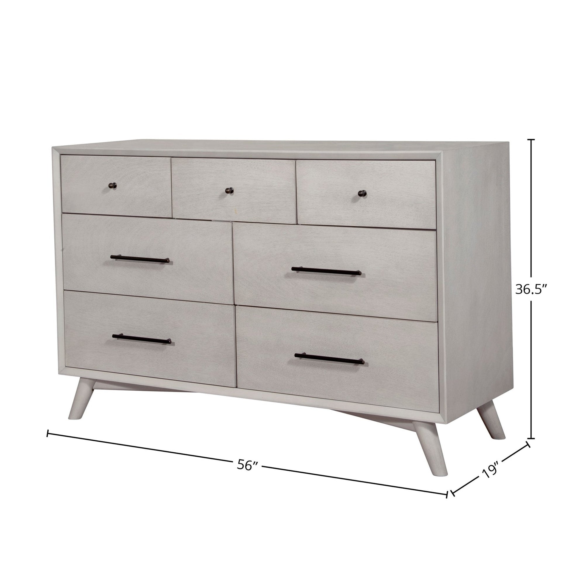 Flynn Dresser in Gray with seven drawers and tapered legs, showcasing Mid-Century Modern design.