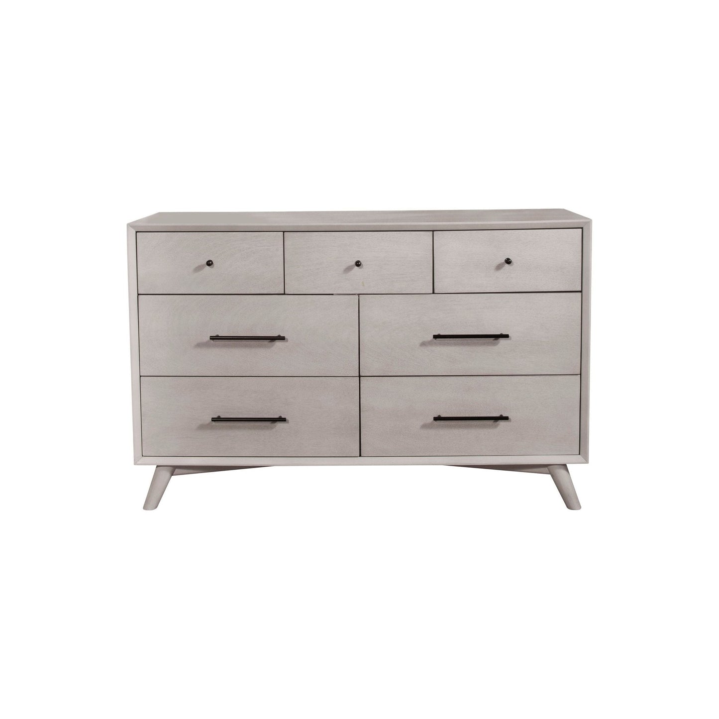 Flynn Dresser in gray showcasing seven drawers and Mid-Century Modern design.