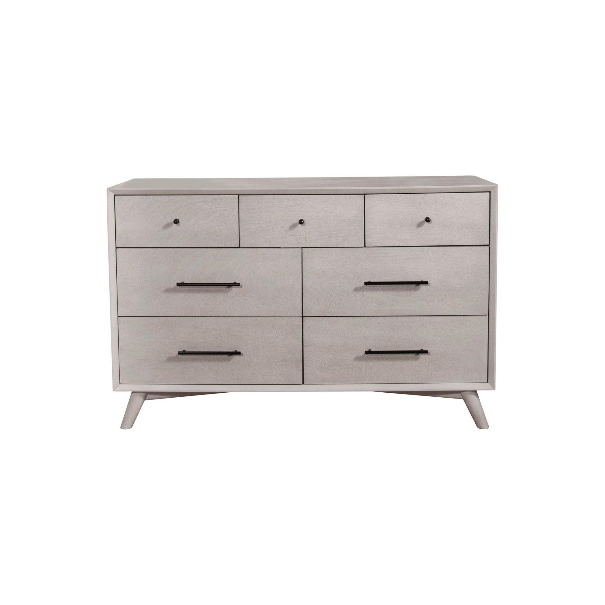 Flynn Dresser in gray showcasing seven drawers and Mid-Century Modern design.