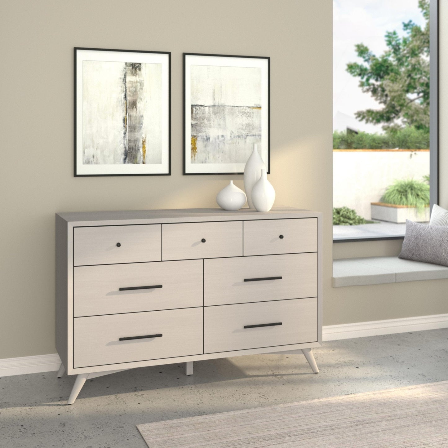 Flynn Dresser, Gray with seven drawers showcased in a modern interior setting.