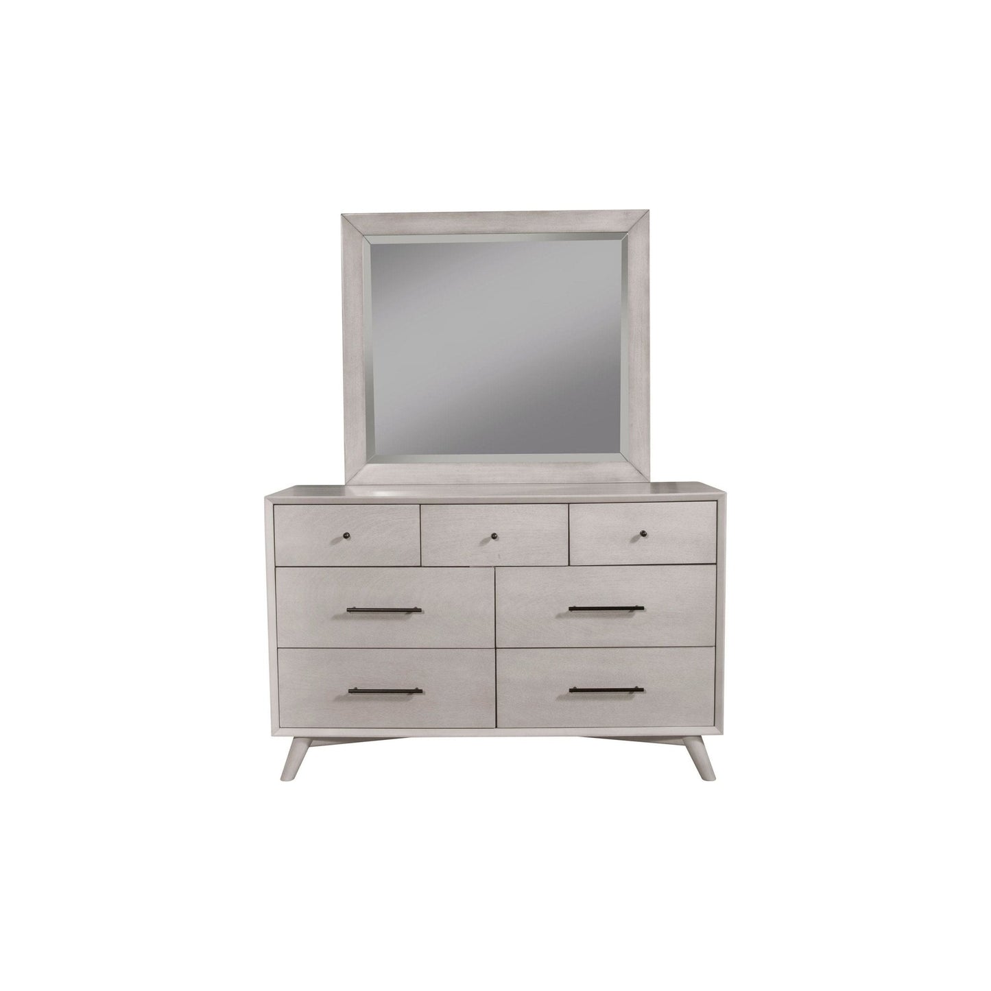 Flynn Dresser in Gray with seven drawers and a mirror, showcasing Mid-Century Modern design.