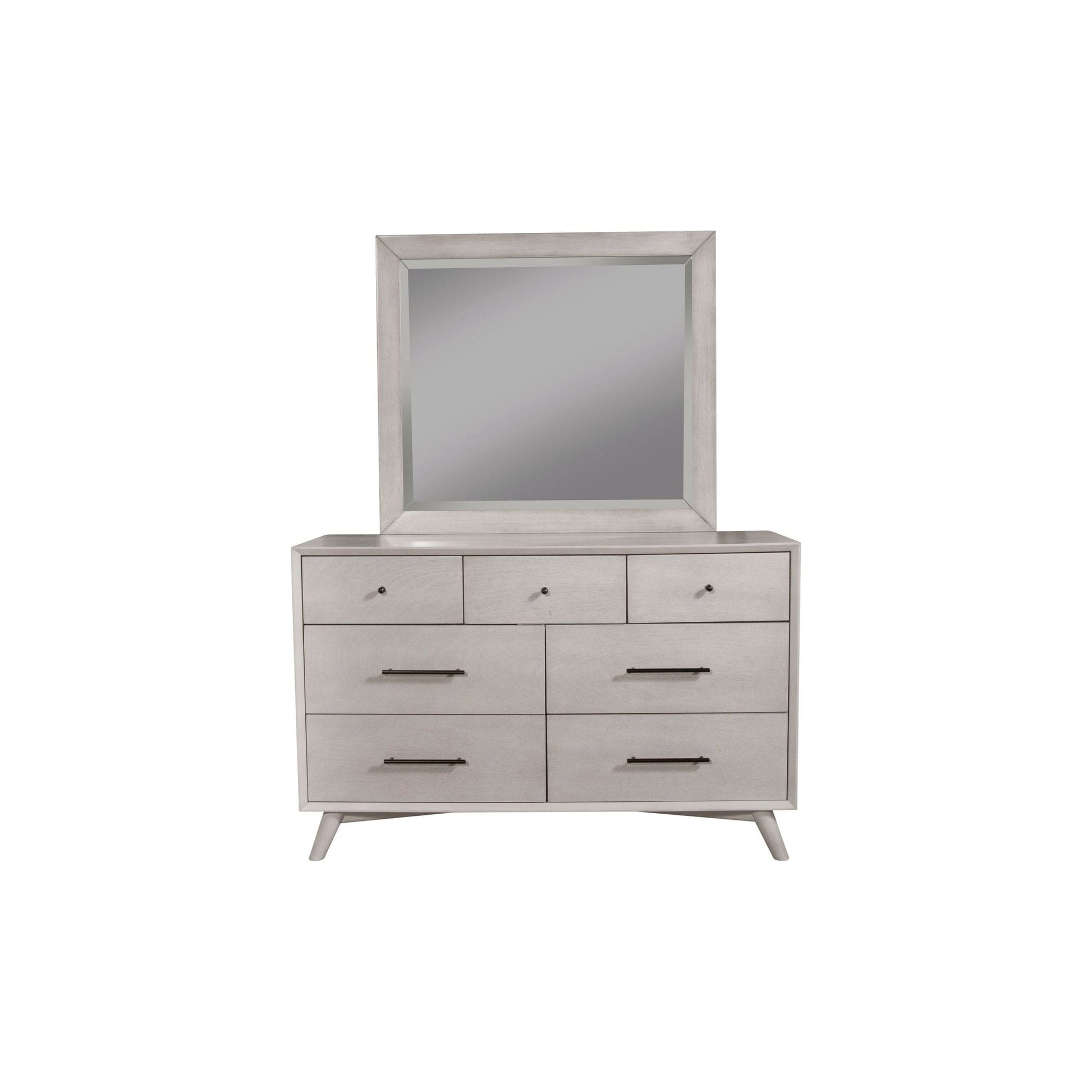 Flynn Dresser in Gray with seven drawers and a mirror, showcasing Mid-Century Modern design.