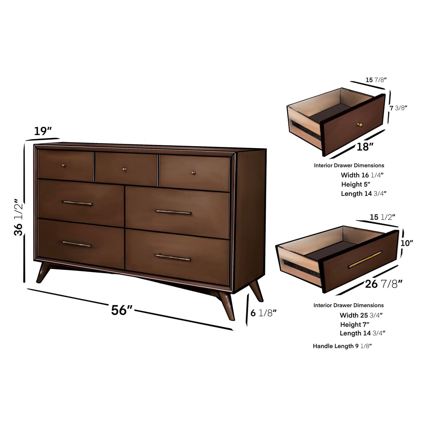 Flynn Dresser in Walnut displayed with dimensions and drawer specifications.
