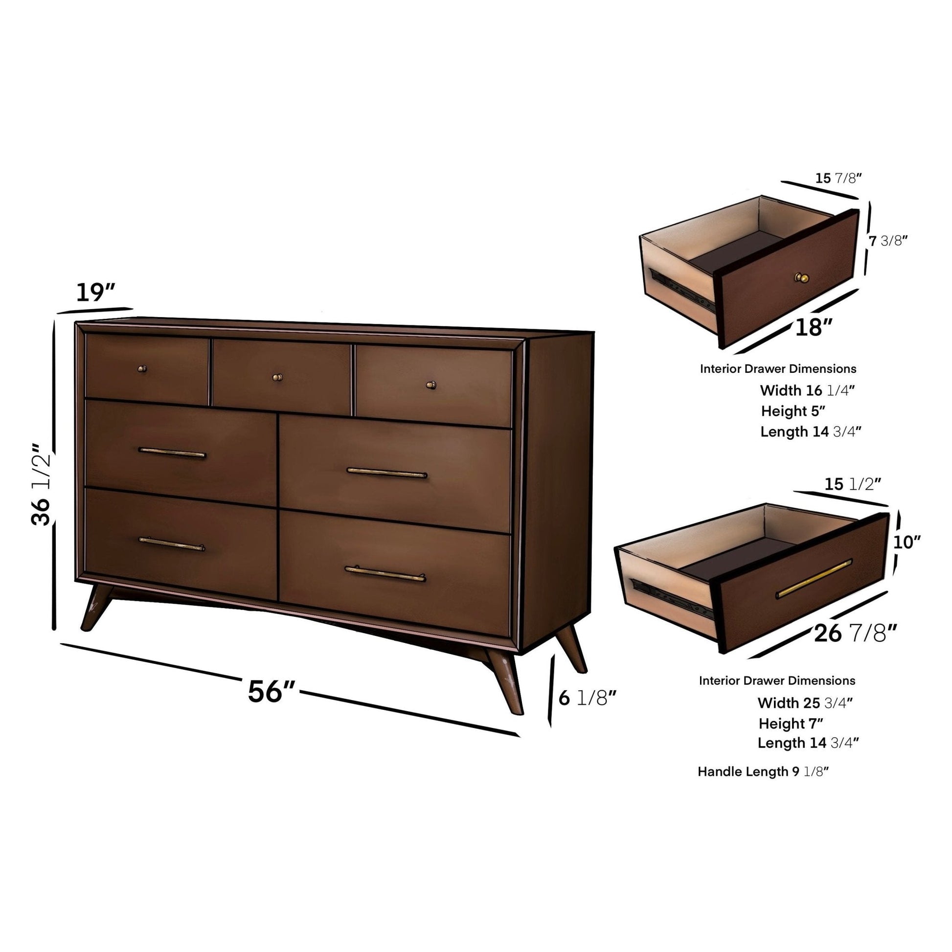 Flynn Dresser in Walnut displayed with dimensions and drawer specifications.