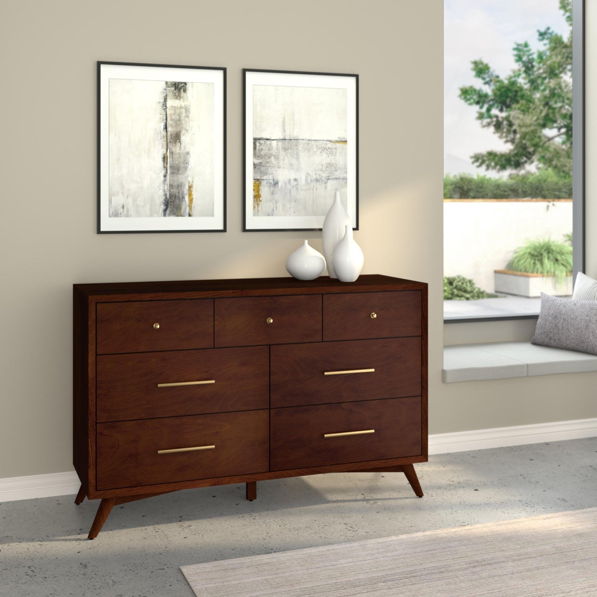 Flynn Dresser in walnut finish with seven drawers, displayed in a modern room with art and decor.
