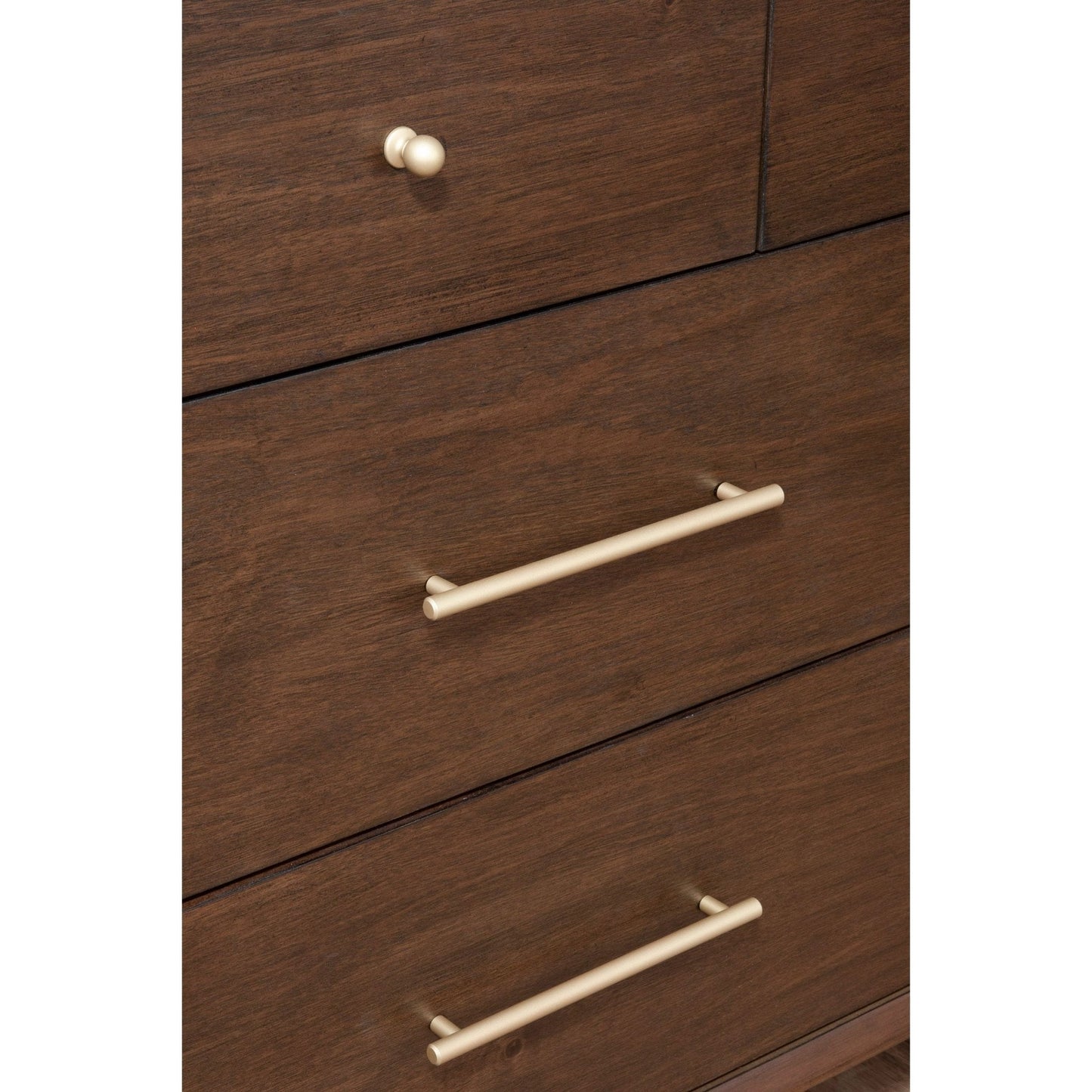 Close-up of Flynn Dresser, Walnut, showcasing its metallic handles and rich wood texture.