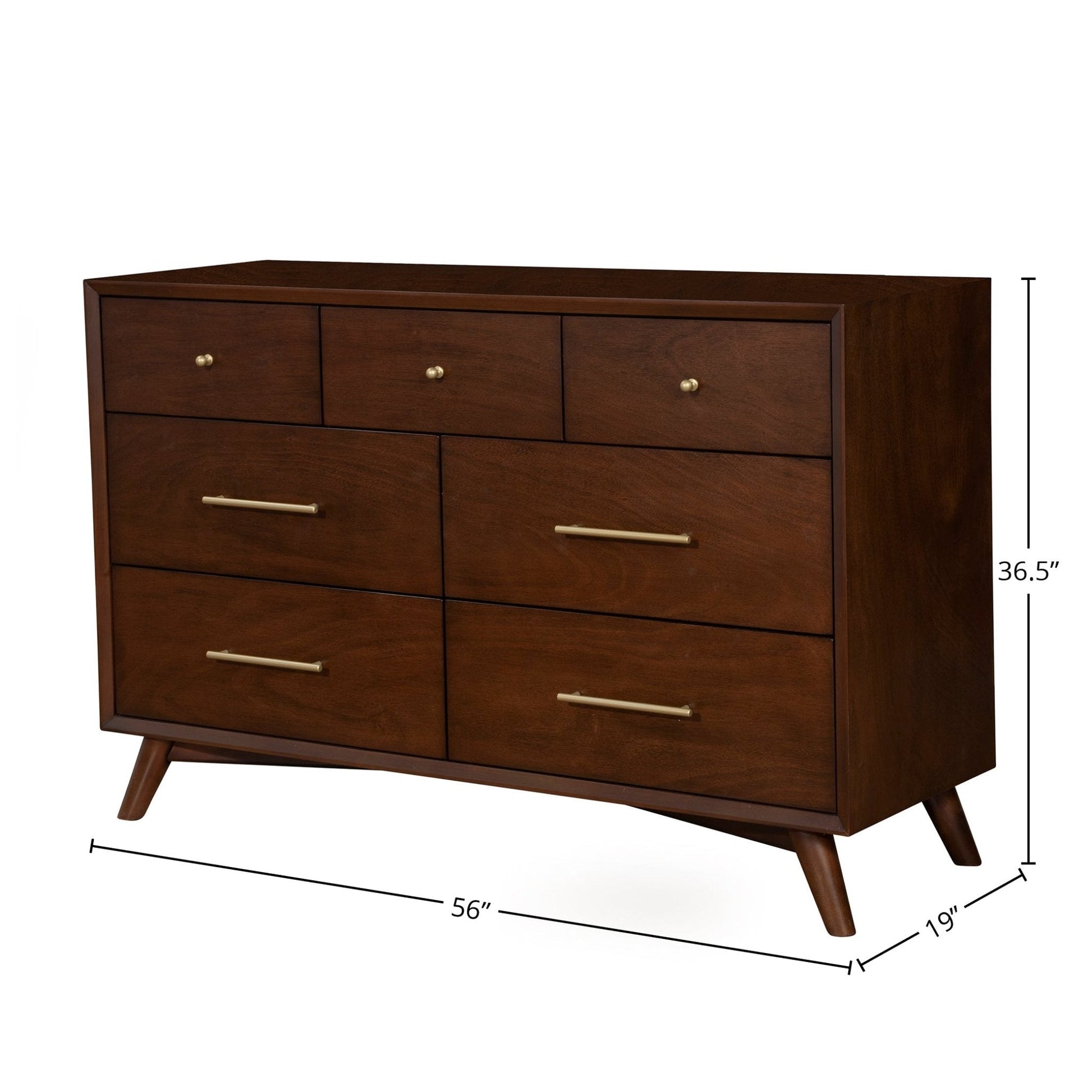 Flynn Dresser in Walnut finish featuring seven drawers, Mid-Century Modern design, and sturdy construction.