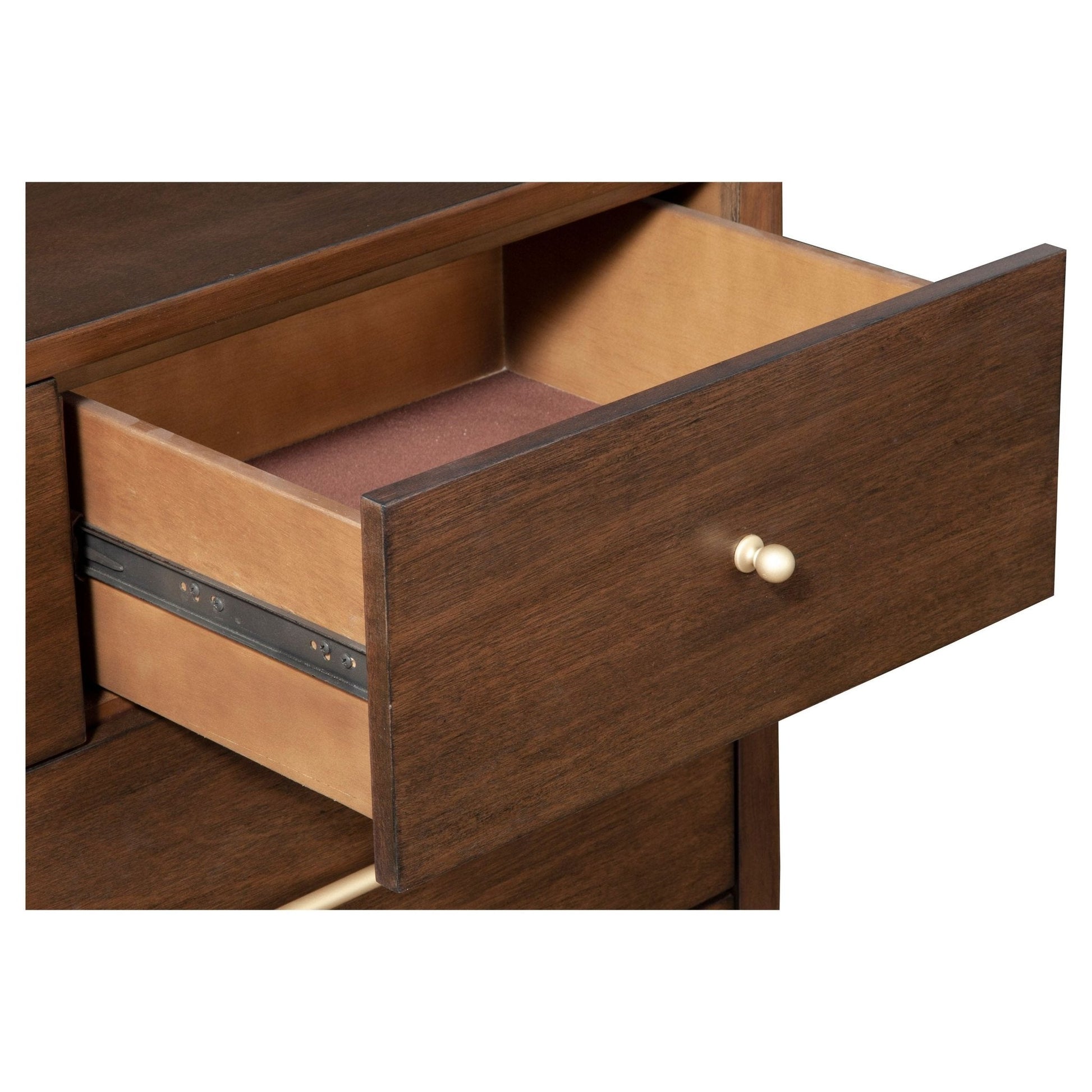 Flynn Dresser drawer opened, showcasing internal storage space and ball bearing metal glides for smooth operation.
