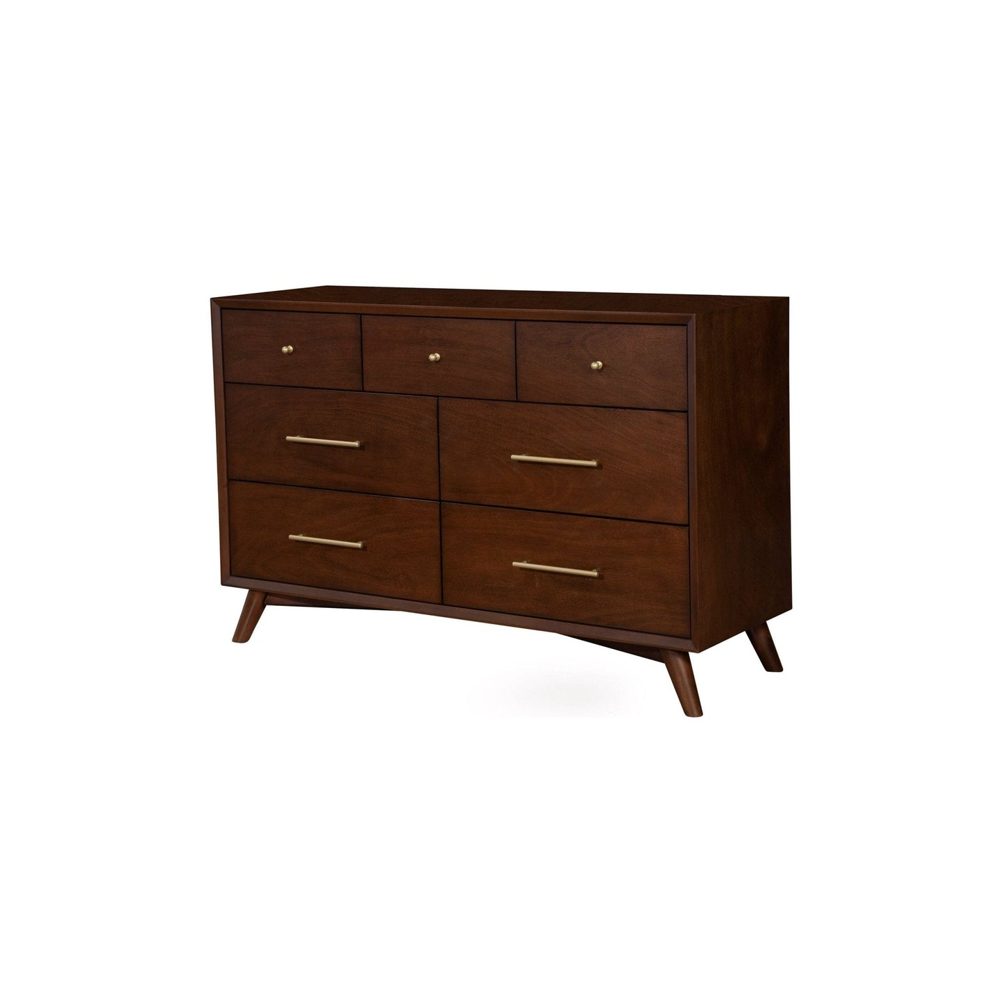 Flynn Dresser in Walnut finish featuring seven drawers and Mid-Century Modern design.