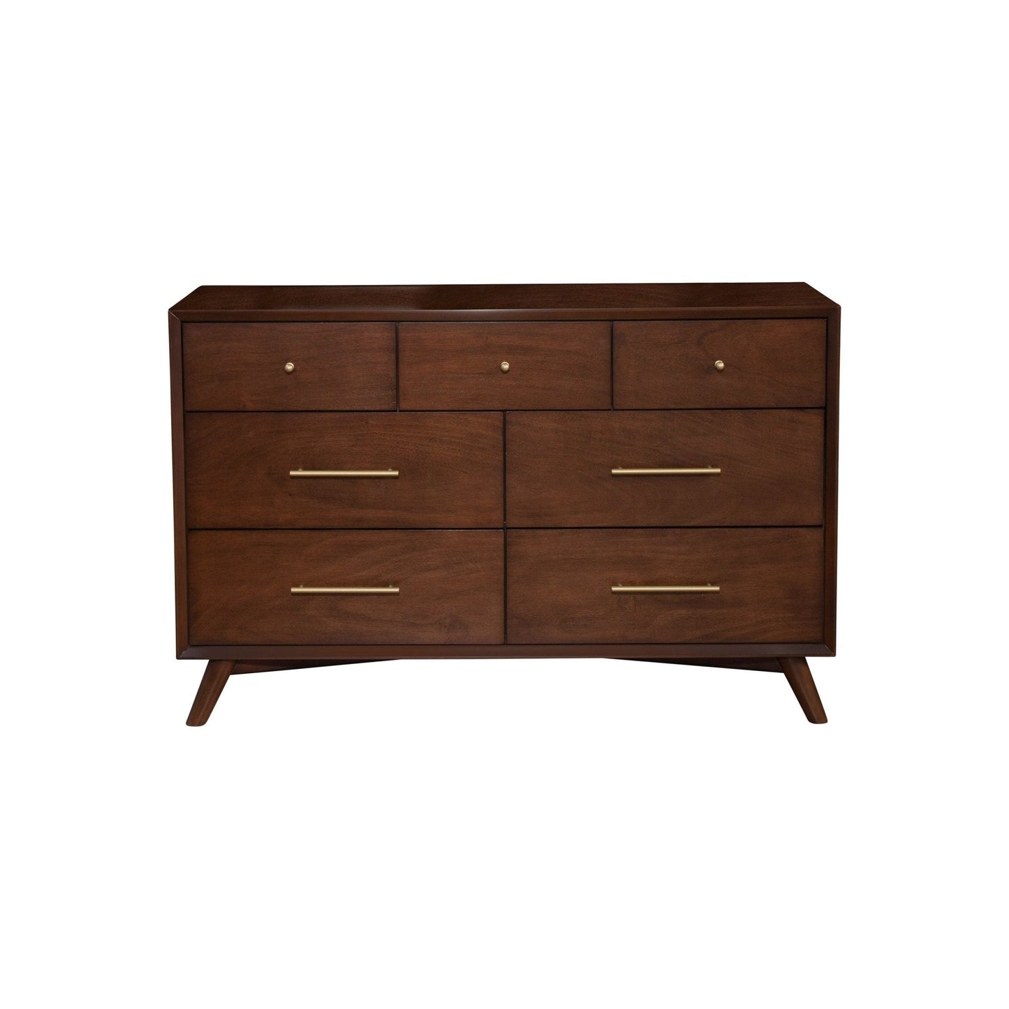 Flynn Dresser in walnut finish showcasing Mid-Century Modern design with seven drawers and gold handles.
