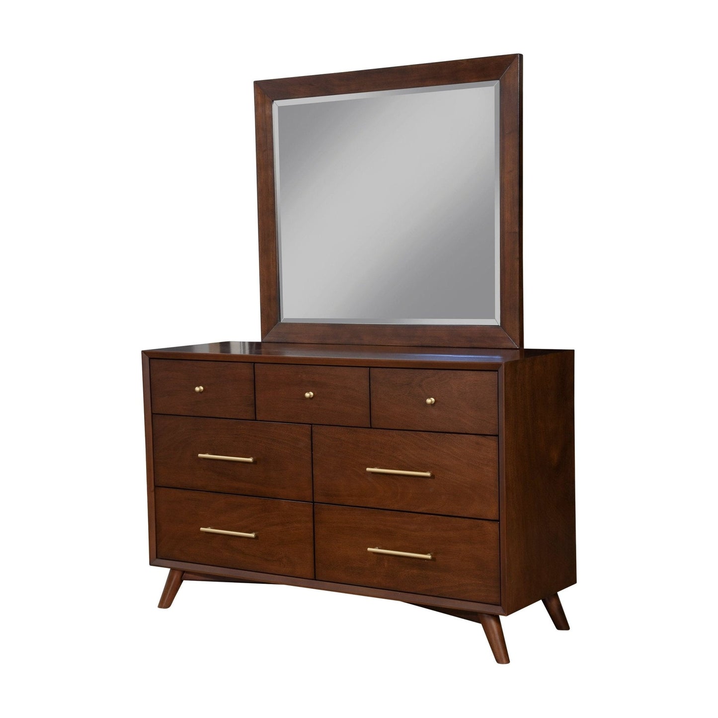 Flynn Dresser in Walnut finish with seven drawers and stylish mirror, showcasing Mid-Century Modern design.