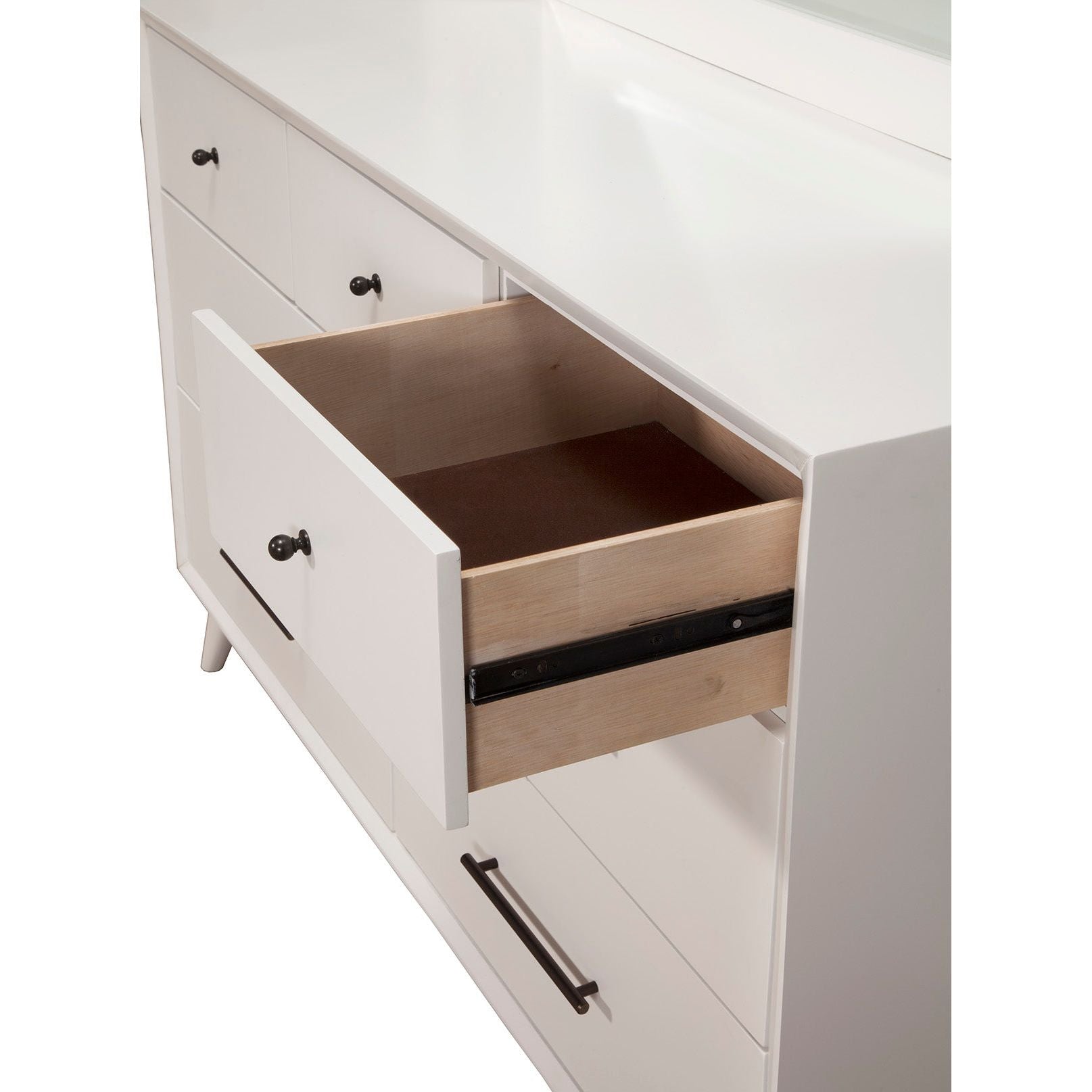Flynn Dresser with an open drawer showcasing spacious interior and elegant Mid-Century Modern design.