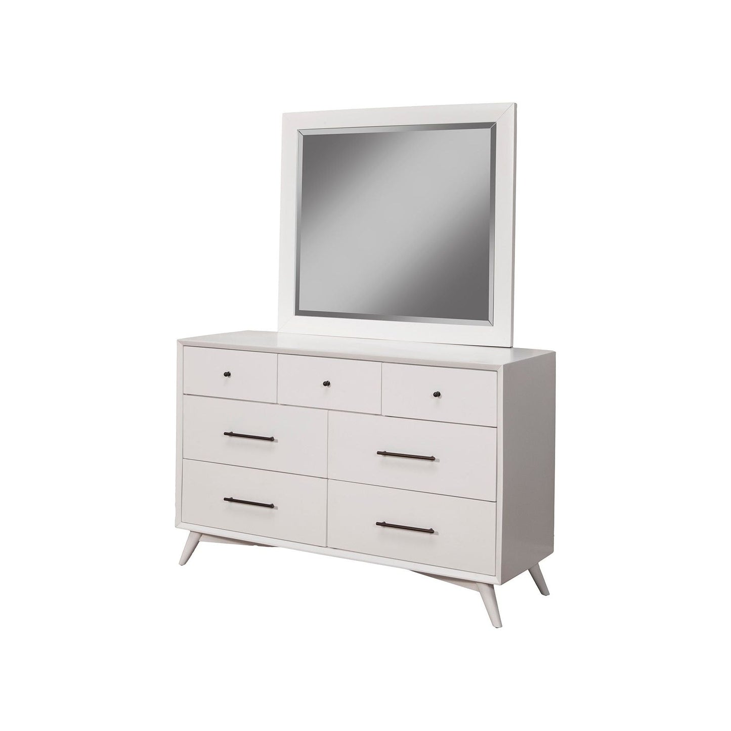 Flynn Dresser in white with a matching mirror, featuring Mid-Century Modern design and spacious storage.