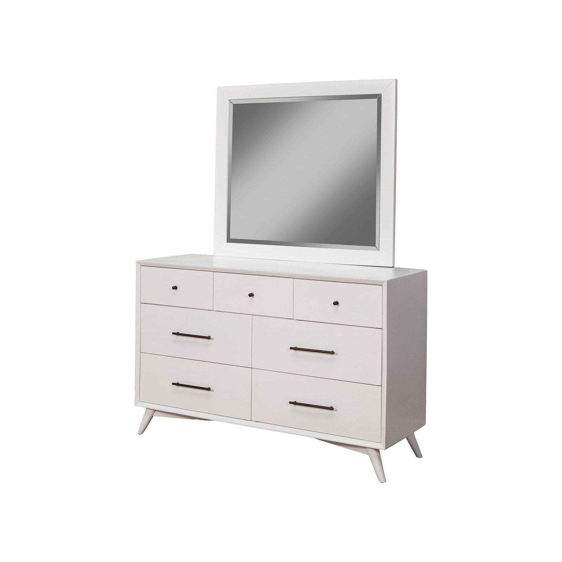Flynn Dresser in white with a matching mirror, featuring Mid-Century Modern design and spacious storage.