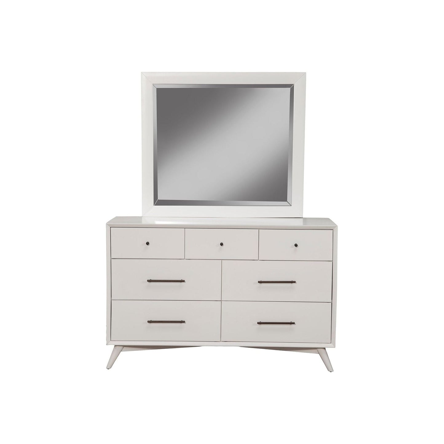 Flynn Dresser in white with mirror, featuring Mid-Century Modern design and spacious storage options.