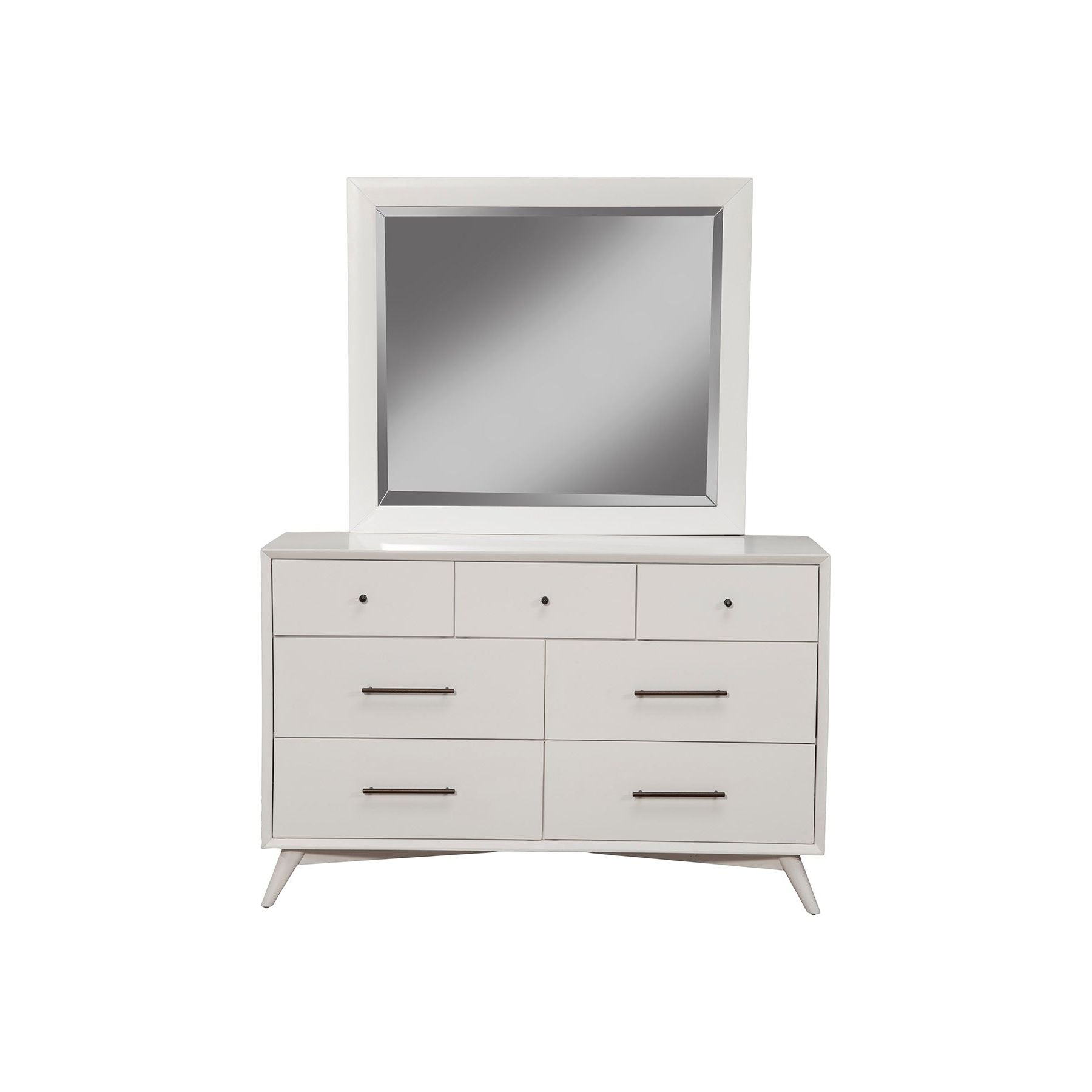 Flynn Dresser in white with mirror, featuring Mid-Century Modern design and spacious storage options.