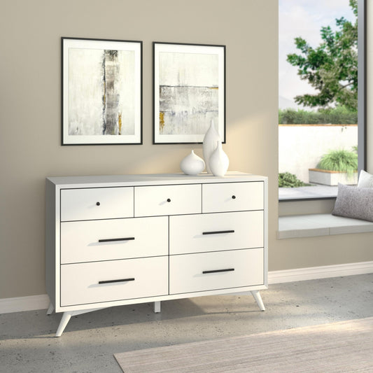 Flynn Dresser in white, showcasing Mid-Century Modern design and spacious storage options.