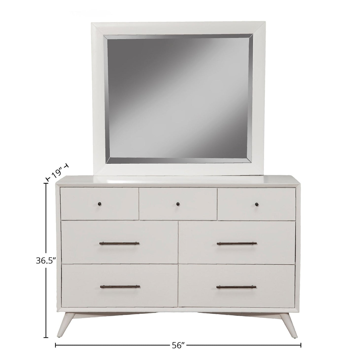 Flynn Dresser in white with mirror, Mid-Century Modern design, solid Mahogany, spacious storage.