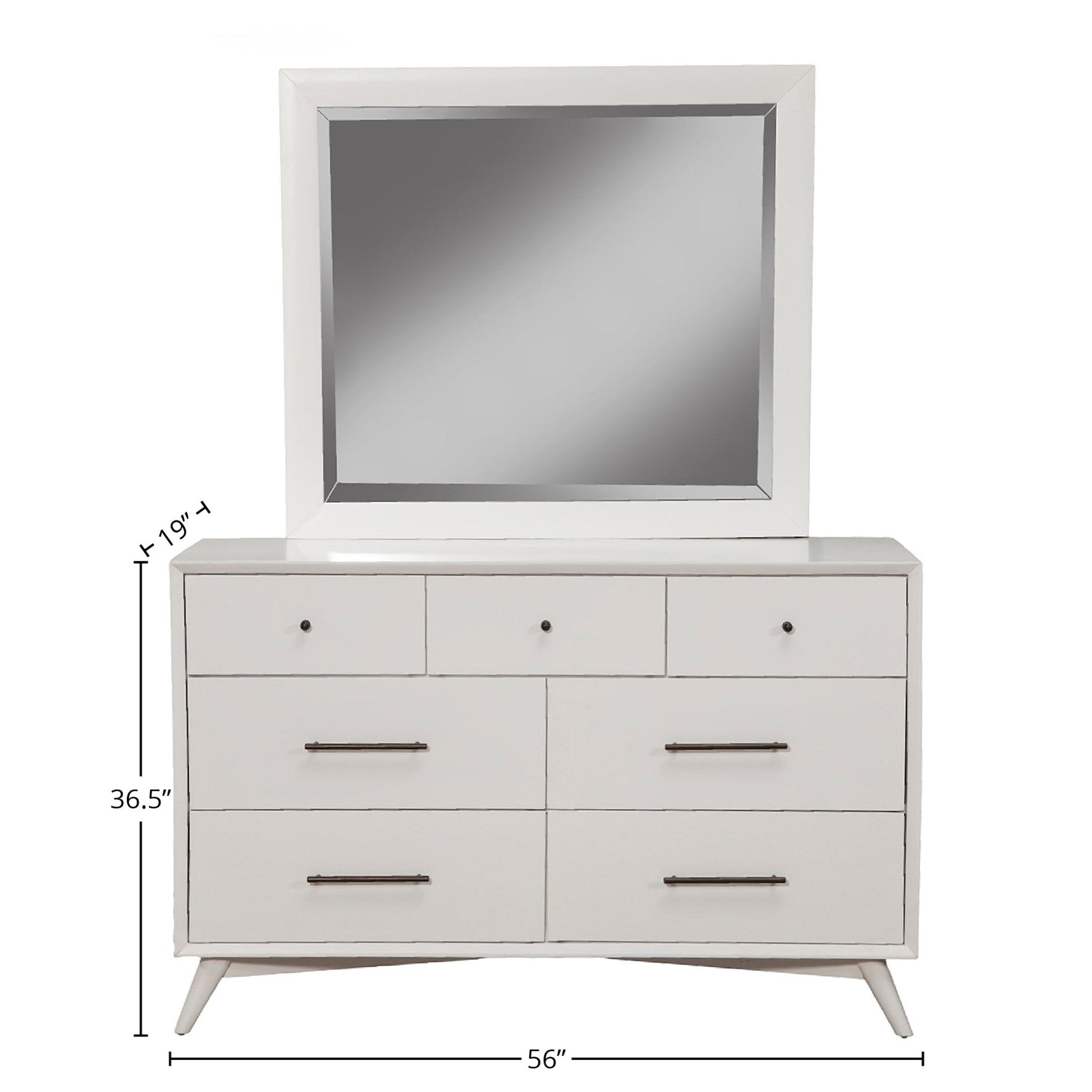 Flynn Dresser in white with mirror, Mid-Century Modern design, solid Mahogany, spacious storage.