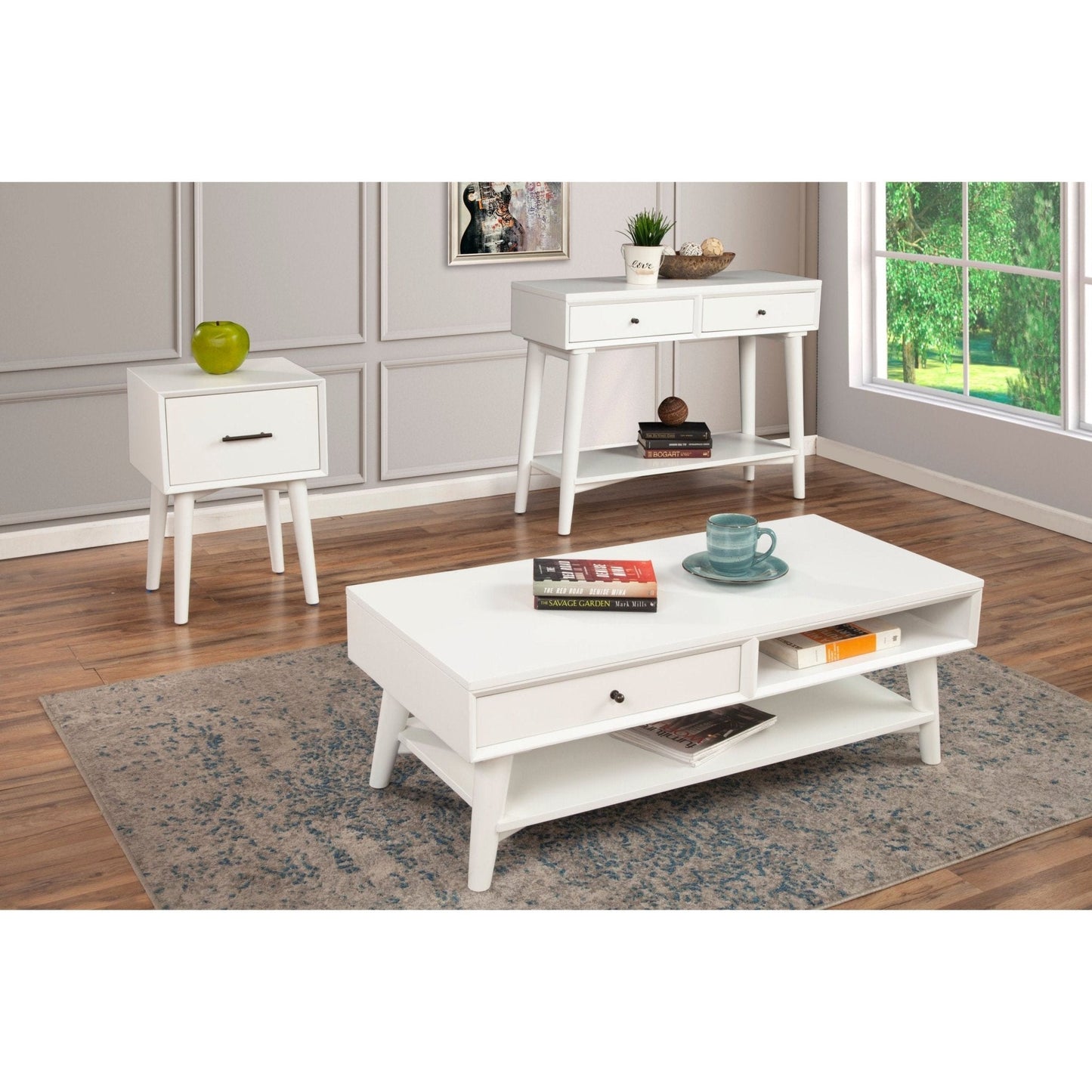 Flynn End Table in white, showcasing Mid-Century modern design with clean lines and tapered legs, perfect for contemporary decor.