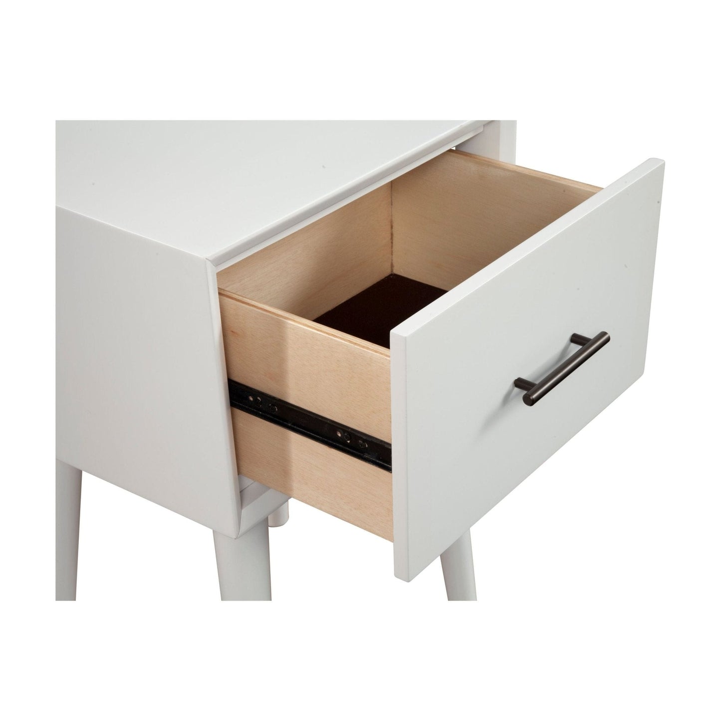 Flynn End Table drawer open showcasing the interior of Mahogany wood and Okume veneer design.
