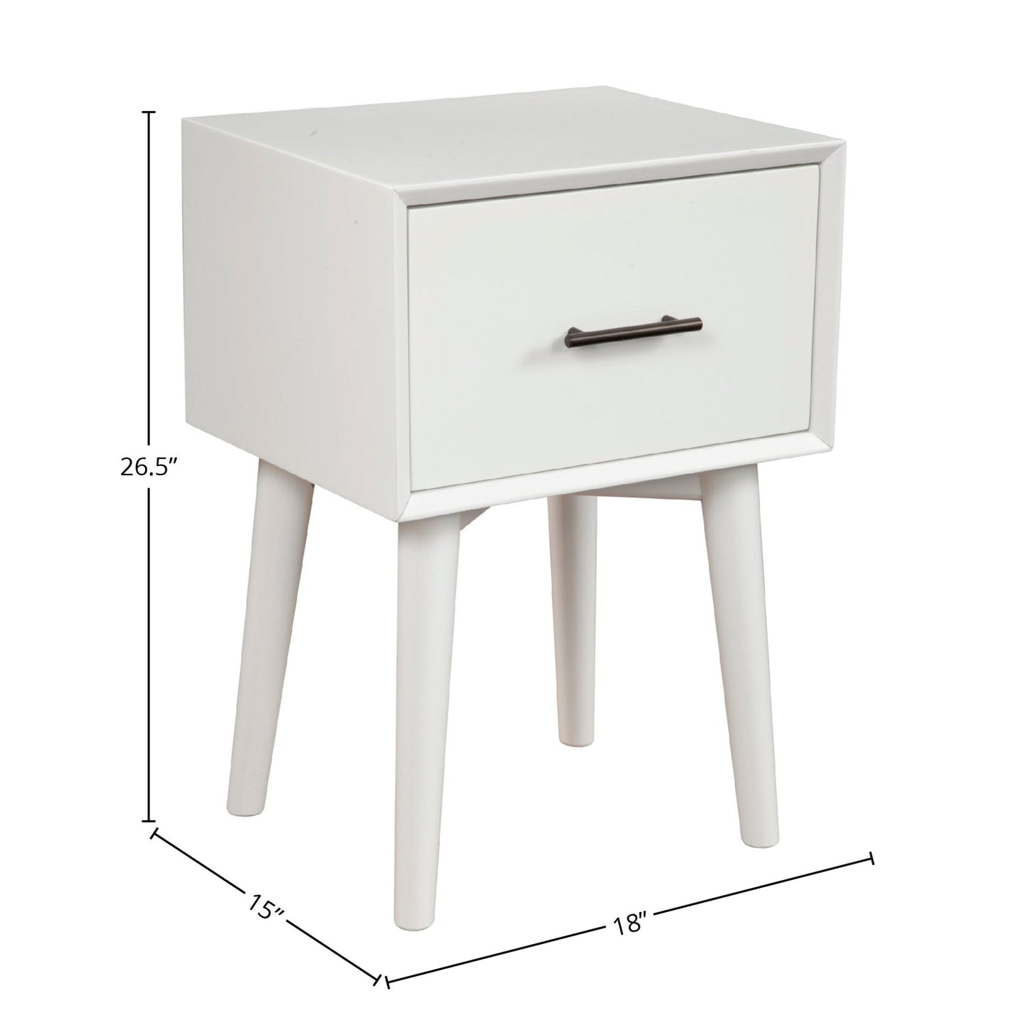 Flynn End Table in white with a drawer and tapered legs, featuring a modern design suitable for contemporary spaces.
