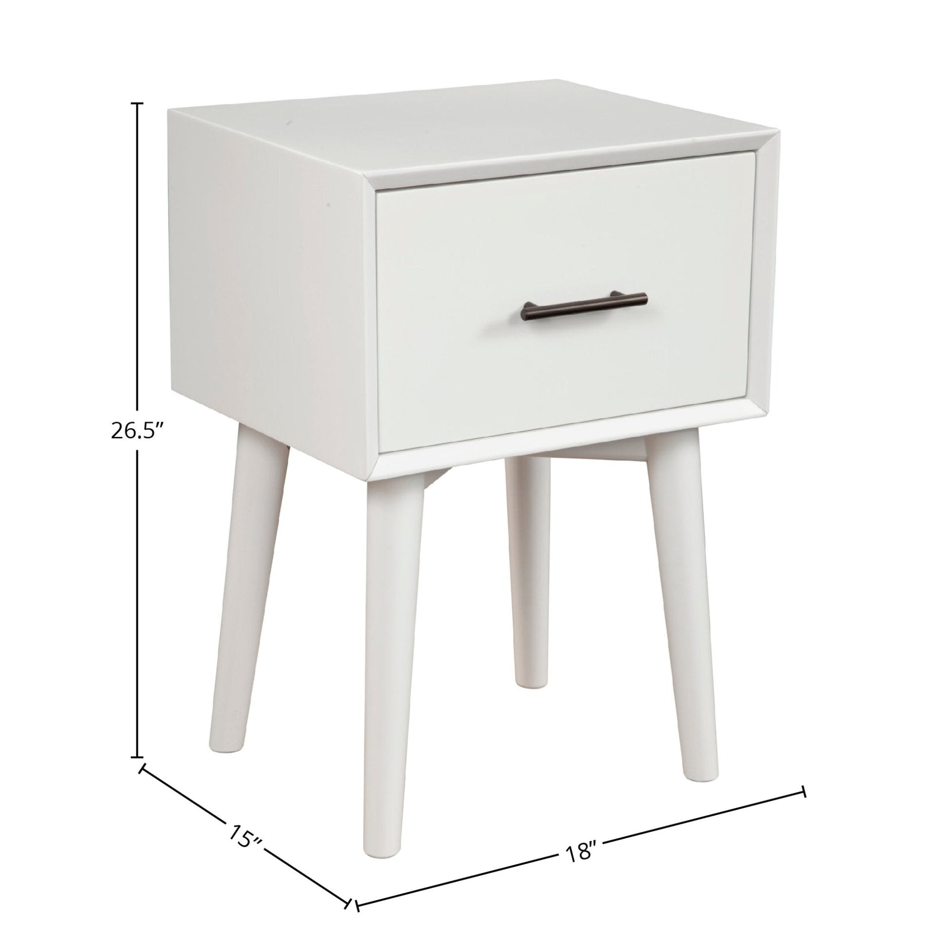 Flynn End Table in white with a drawer and tapered legs, featuring a modern design suitable for contemporary spaces.