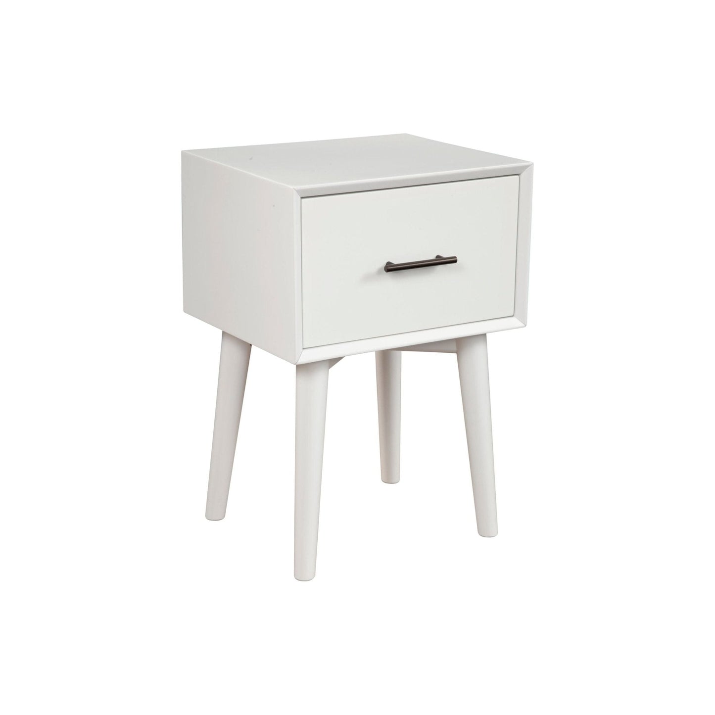 Flynn End Table in white with a single drawer and tapered legs, designed for modern home decor.